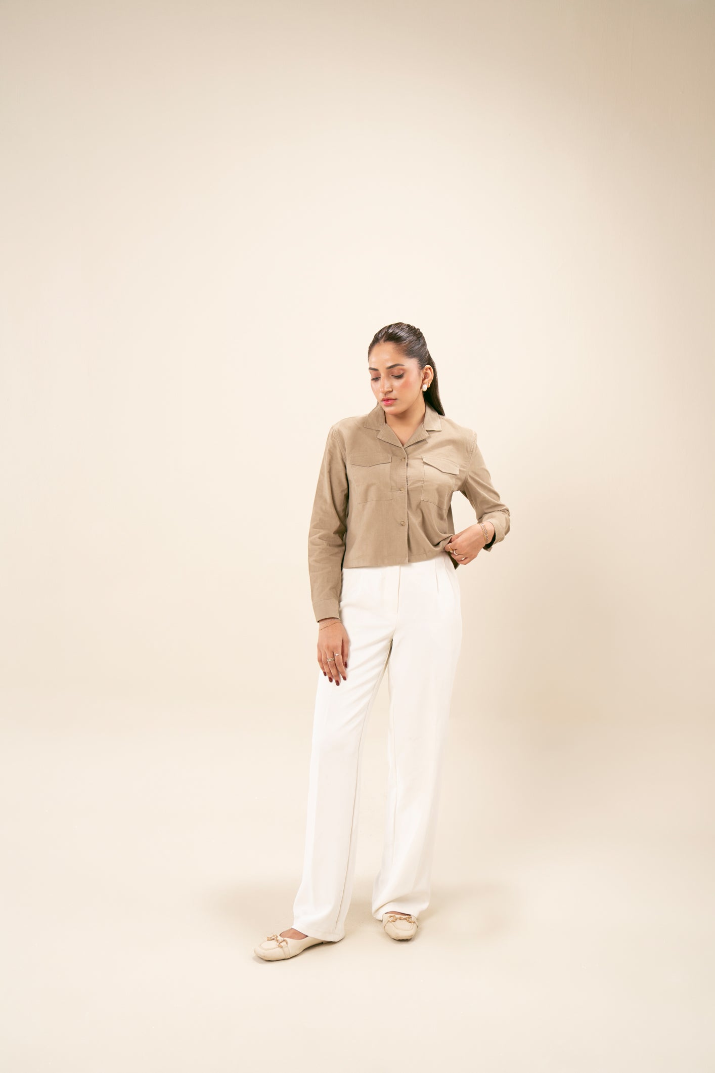 Beige Corduroy Revere Cropped Shirt