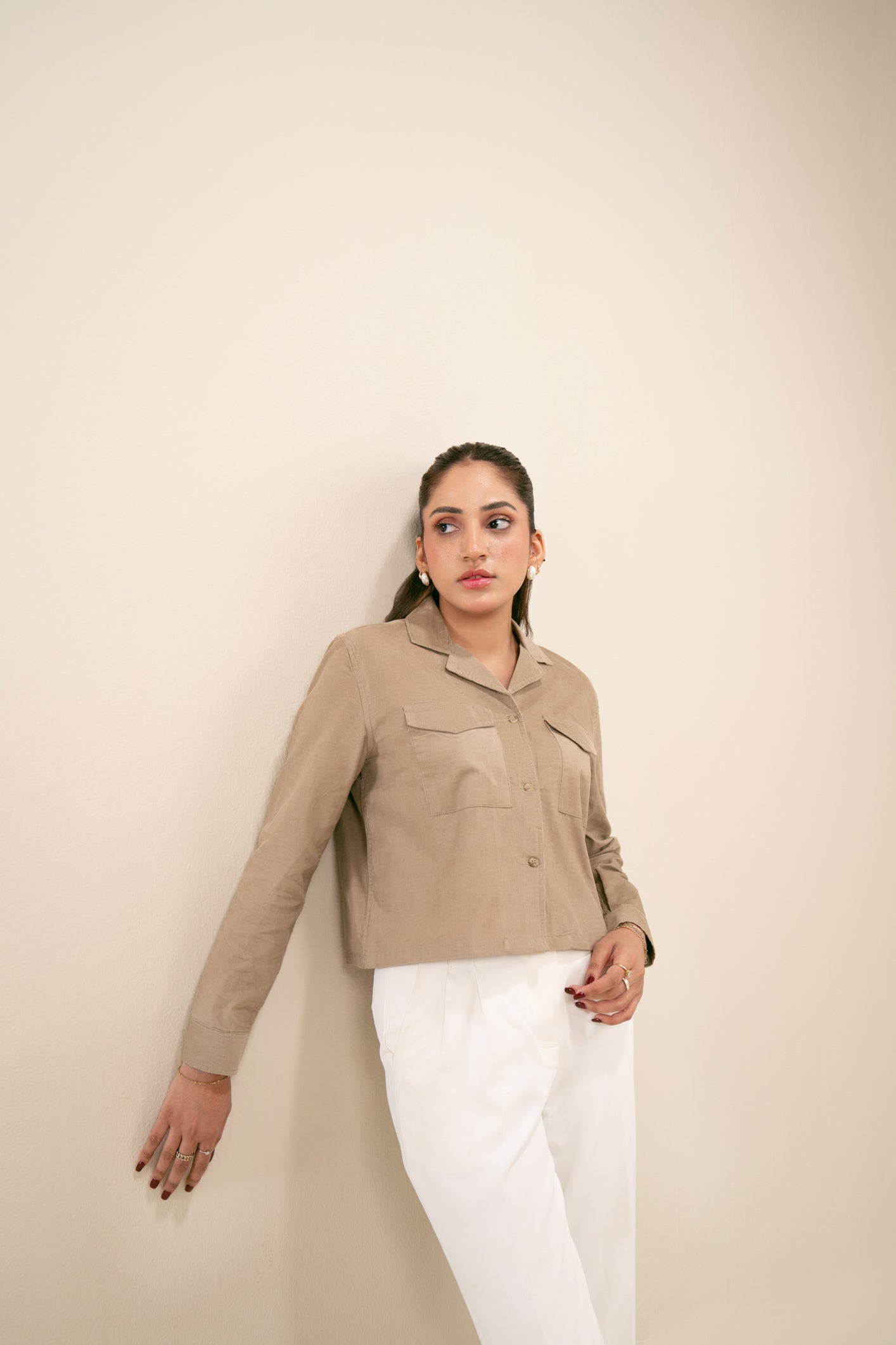 Beige Corduroy Revere Cropped Shirt