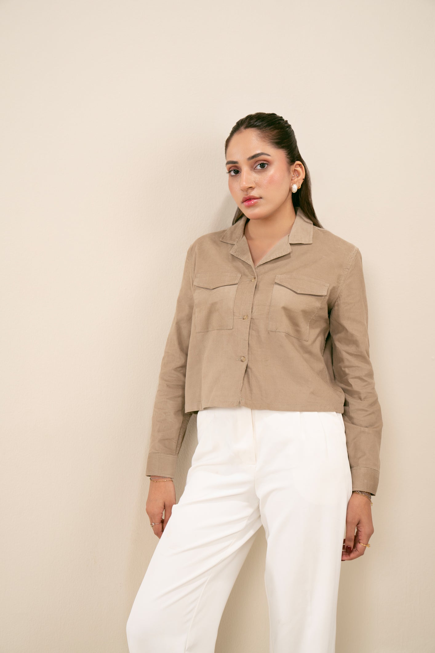 Beige Corduroy Revere Cropped Shirt