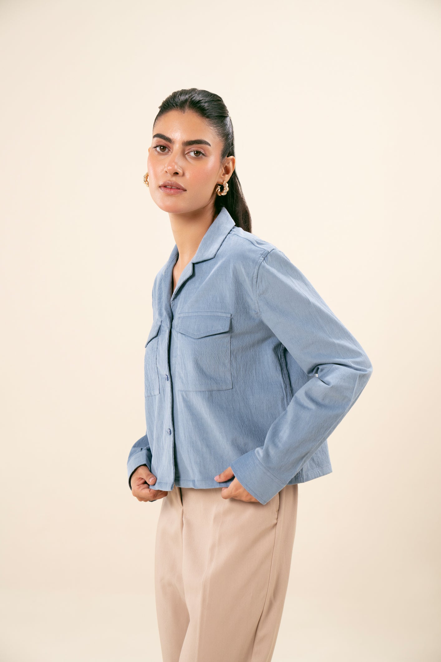 Sapphire Blue Corduroy Revere Cropped Shirt