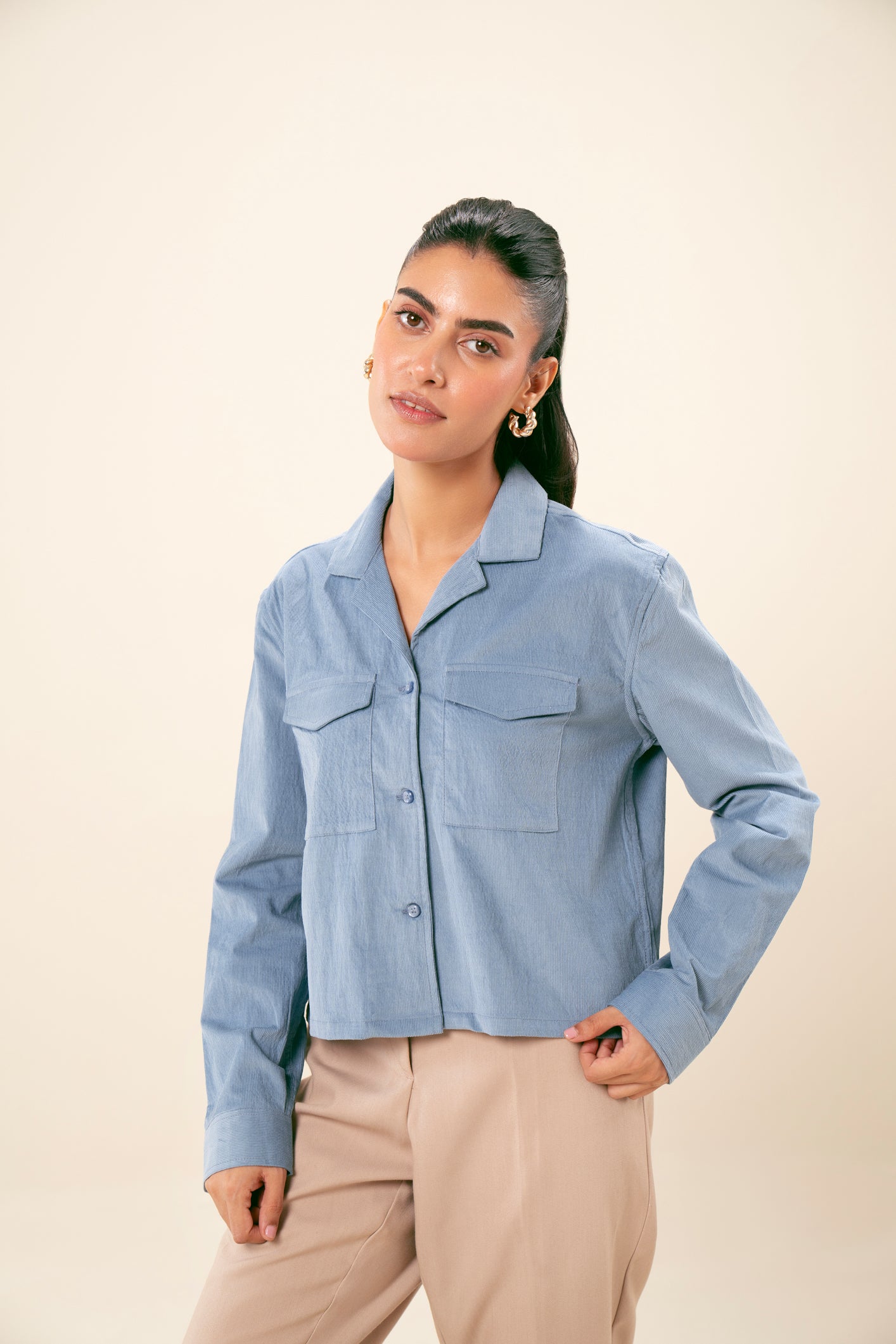 Sapphire Blue Corduroy Revere Cropped Shirt