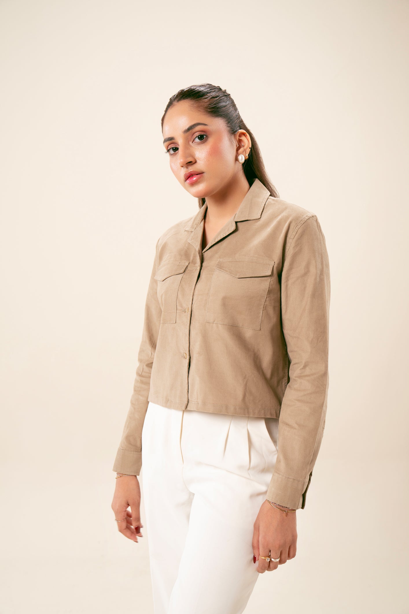 Beige Corduroy Revere Cropped Shirt