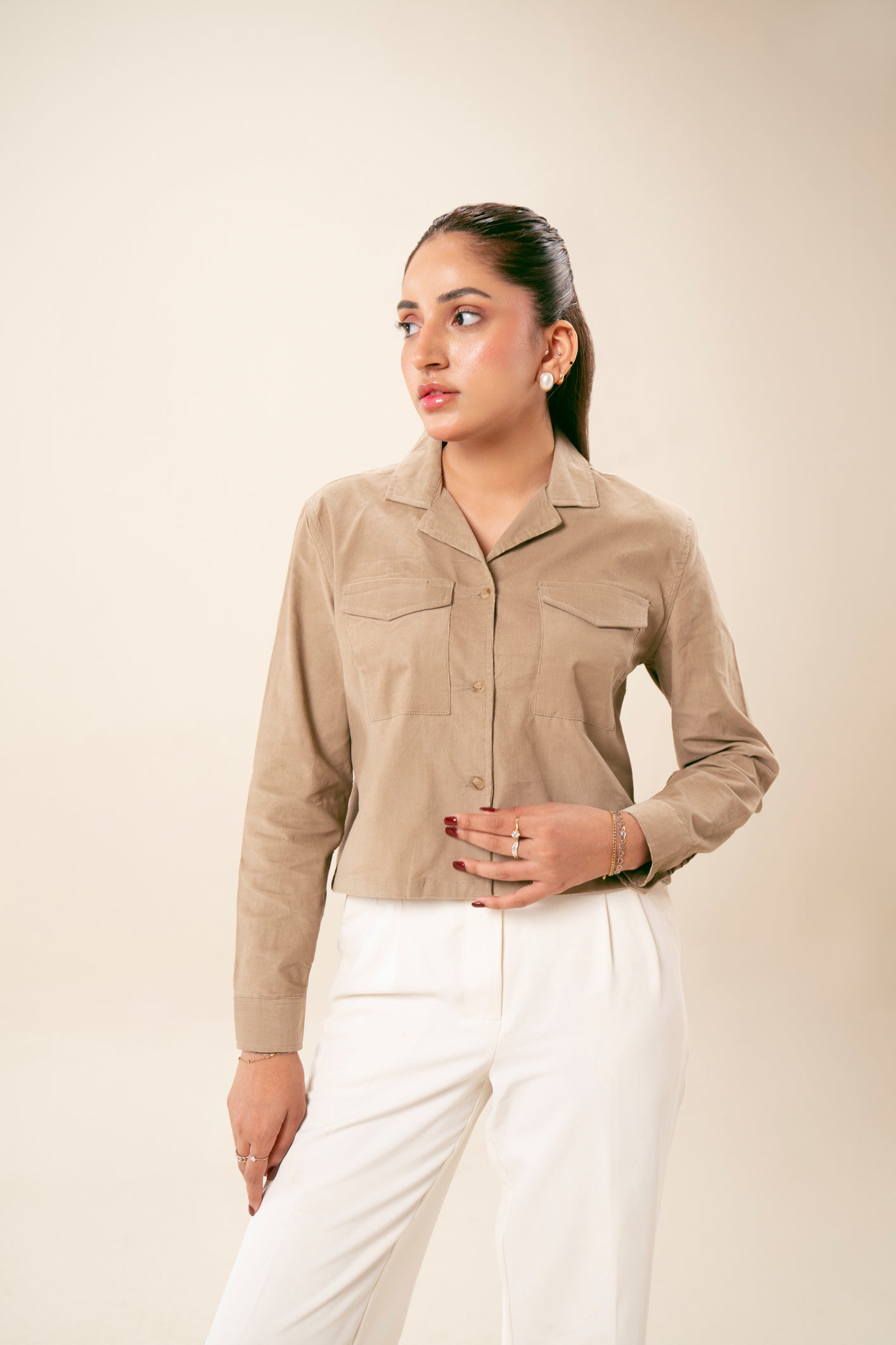 Beige Corduroy Revere Cropped Shirt