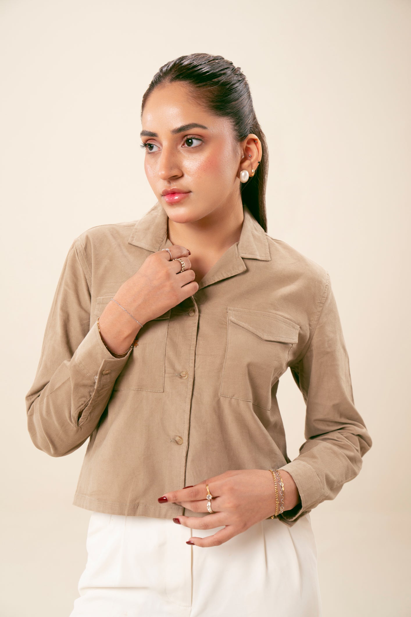 Beige Corduroy Revere Cropped Shirt