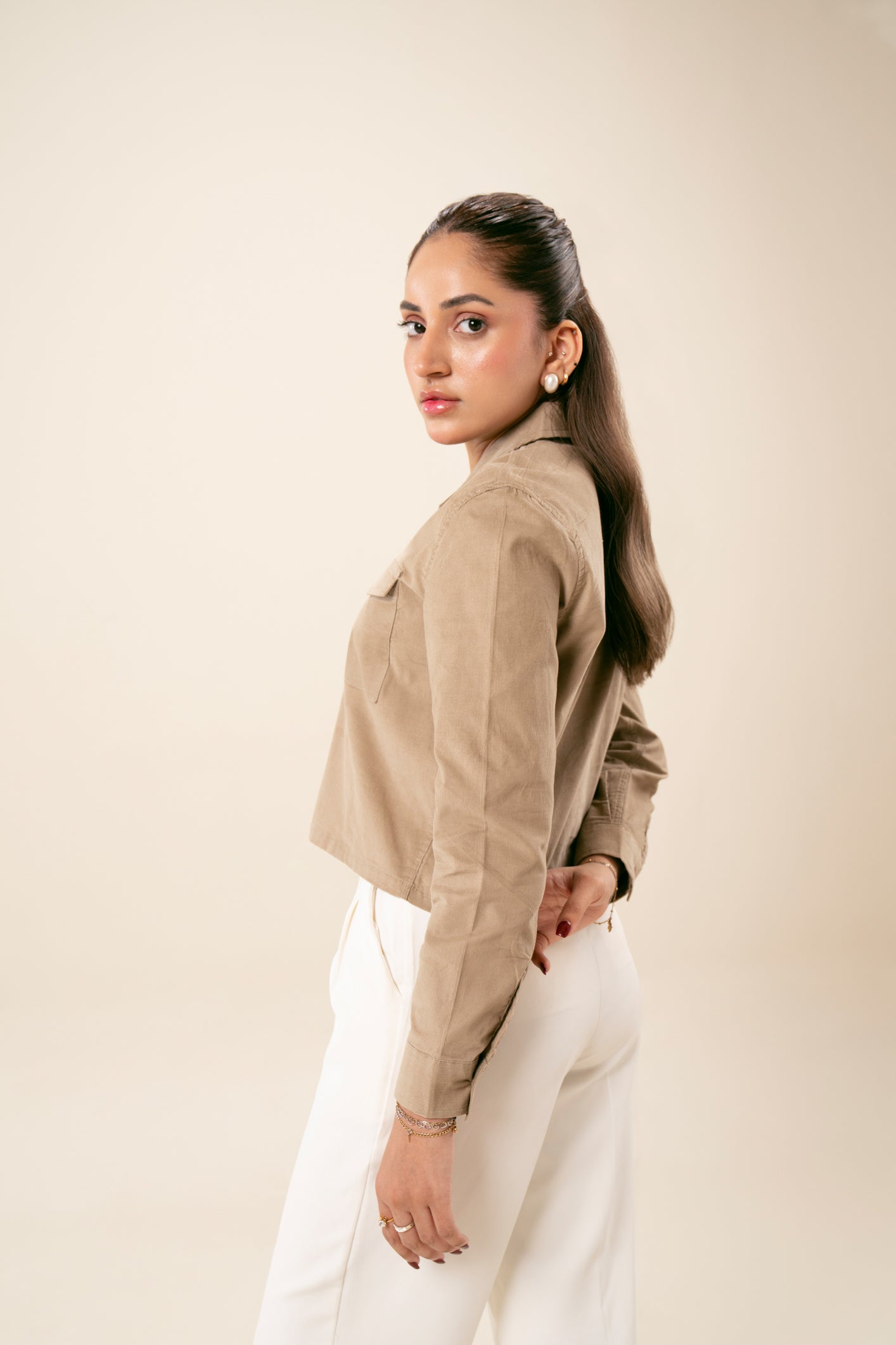 Beige Corduroy Revere Cropped Shirt