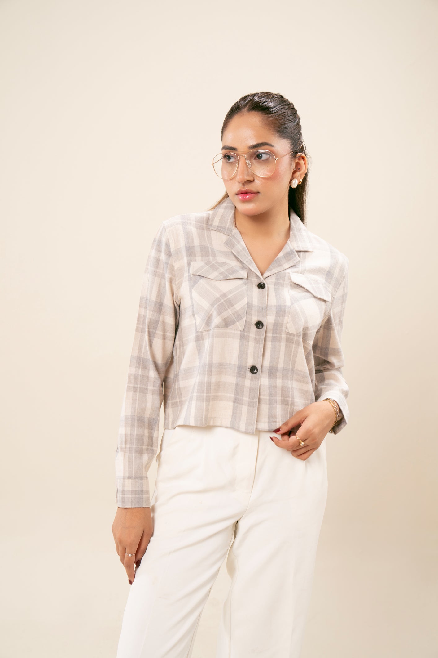 Off White Flannel Revere Cropped Shirt