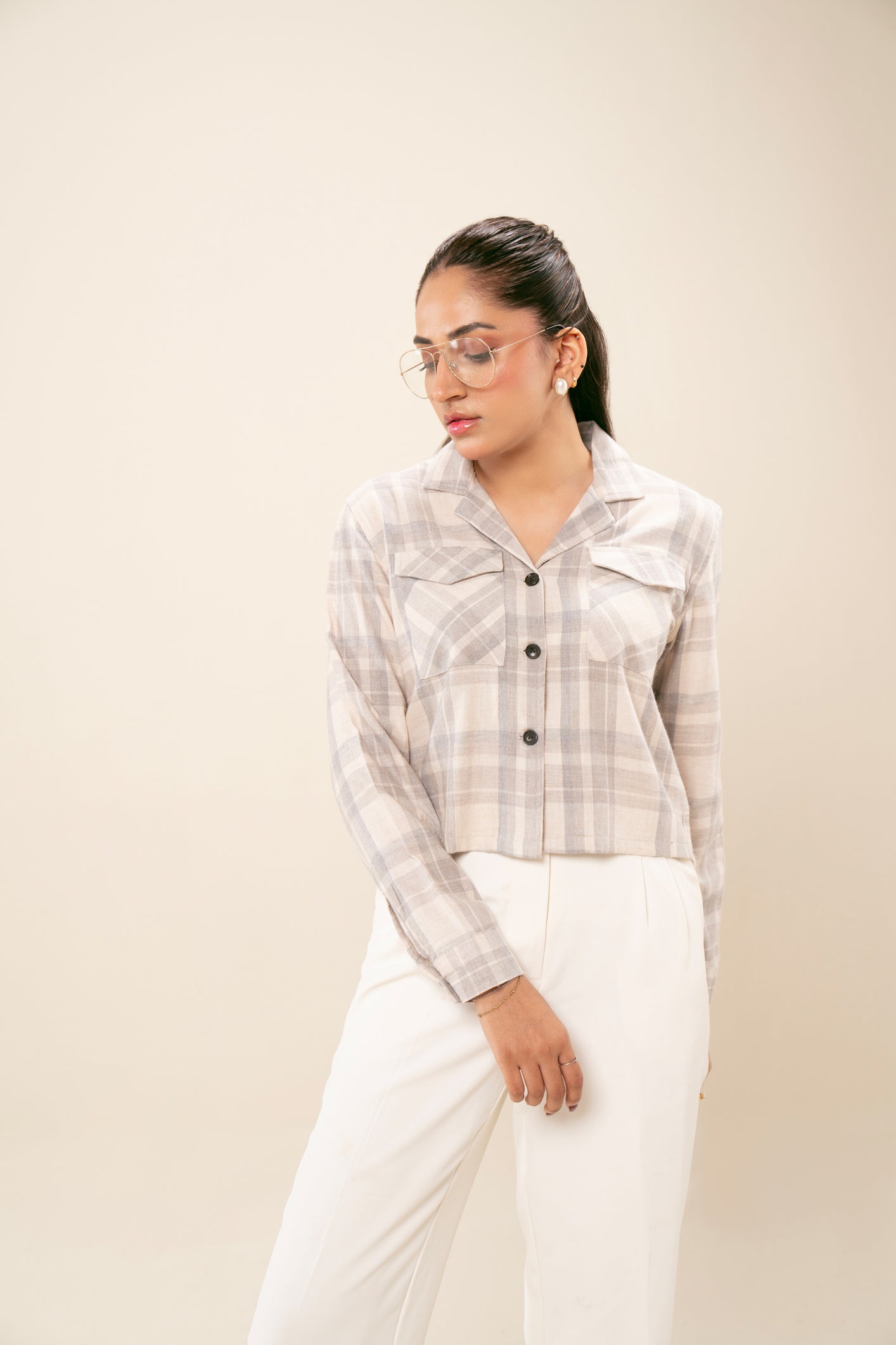 Off White Flannel Revere Cropped Shirt