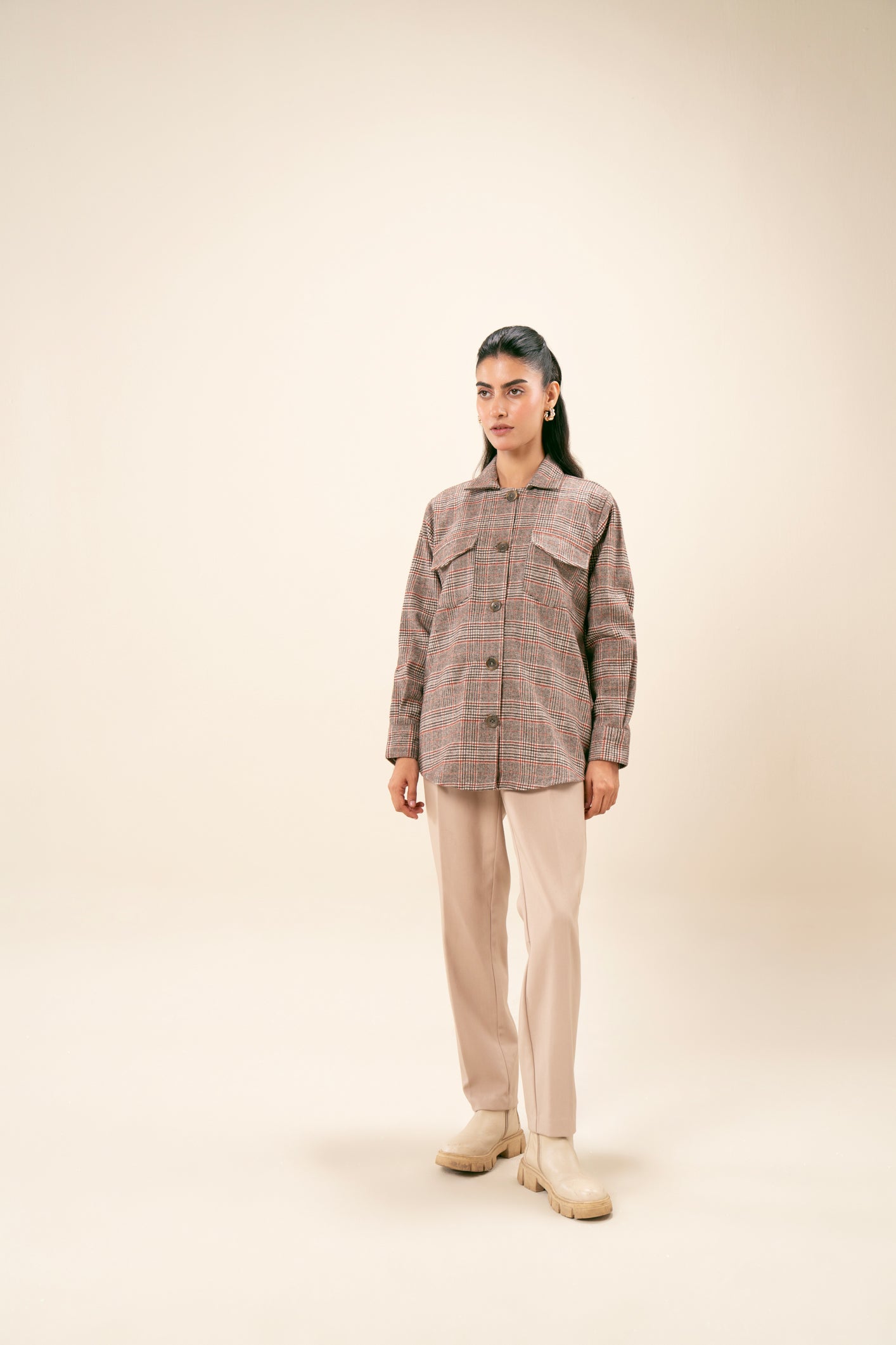 Beige Textured Check Wool Shacket