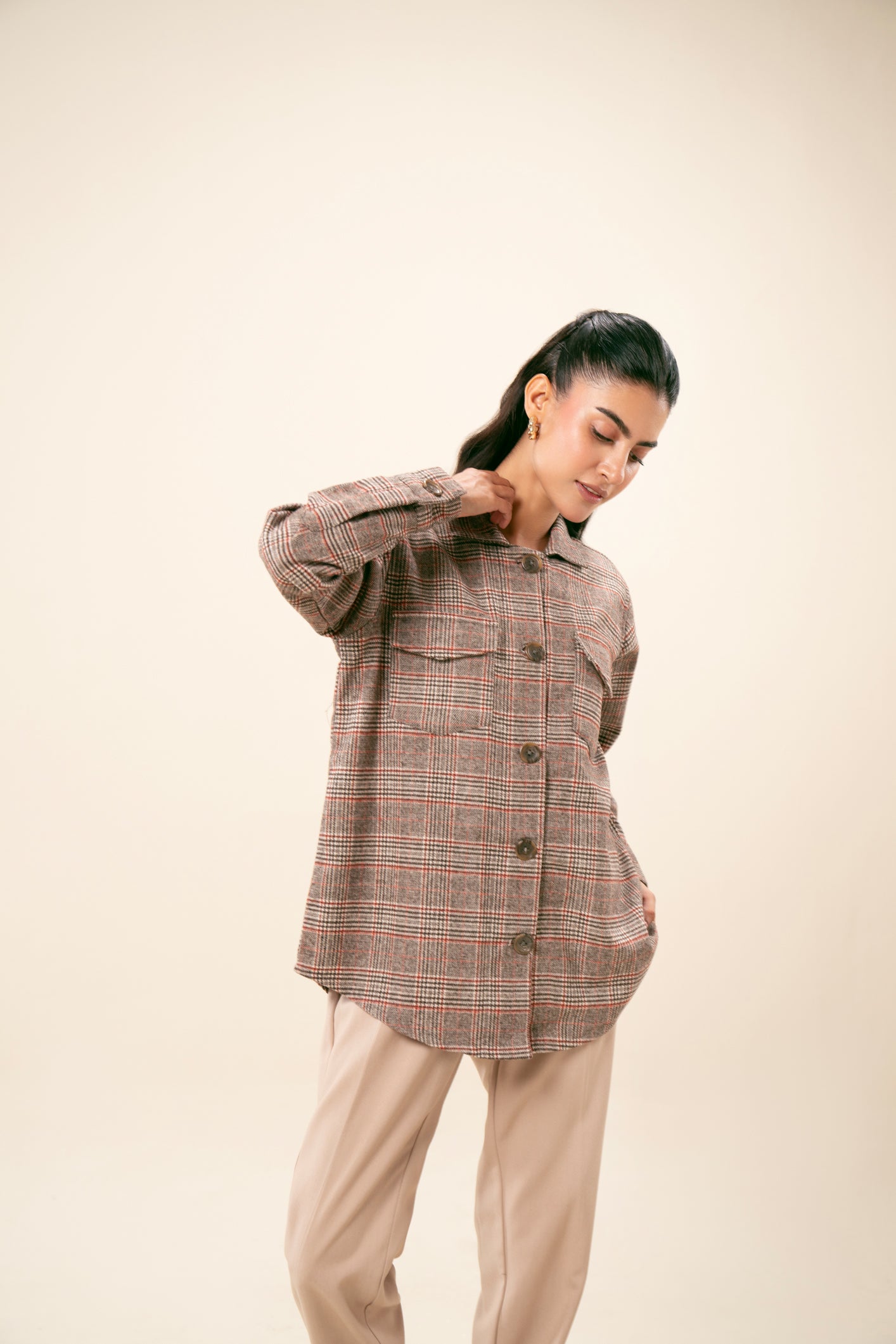 Beige Textured Check Wool Shacket