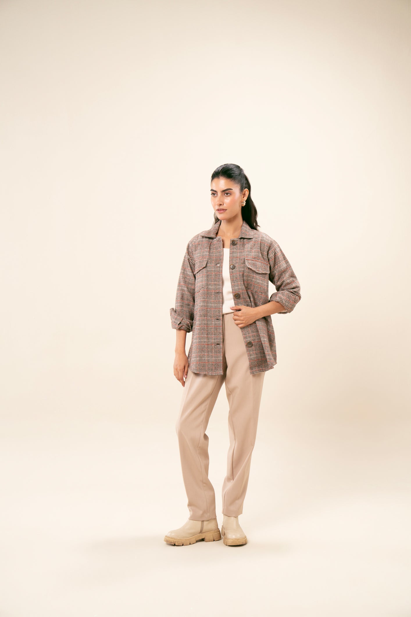 Beige Textured Check Wool Shacket