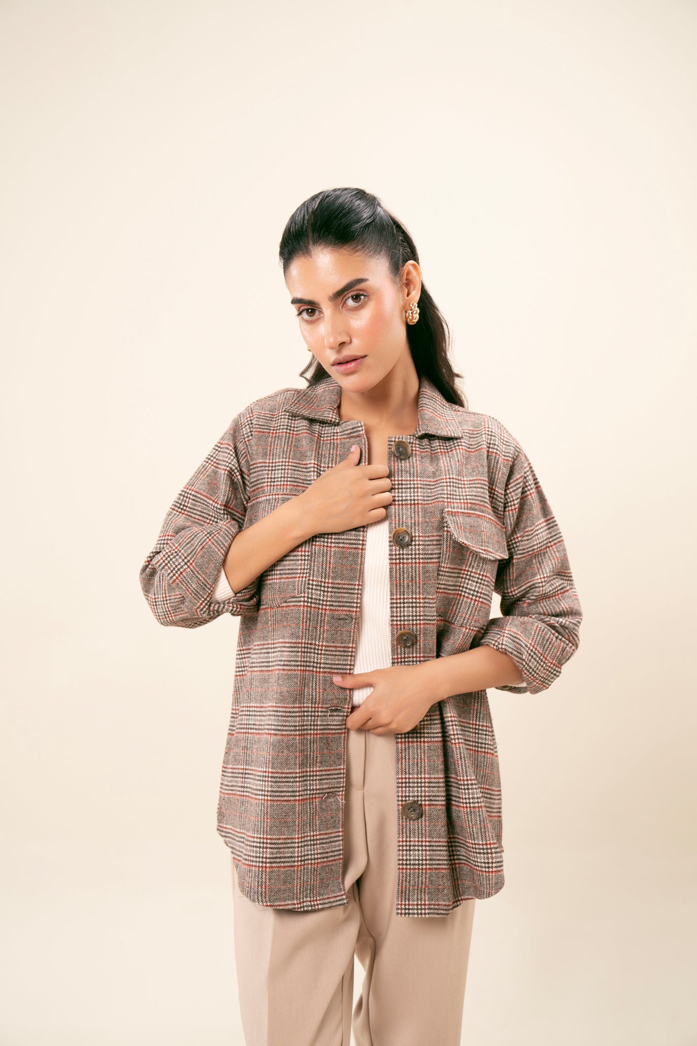 Beige Textured Check Wool Shacket