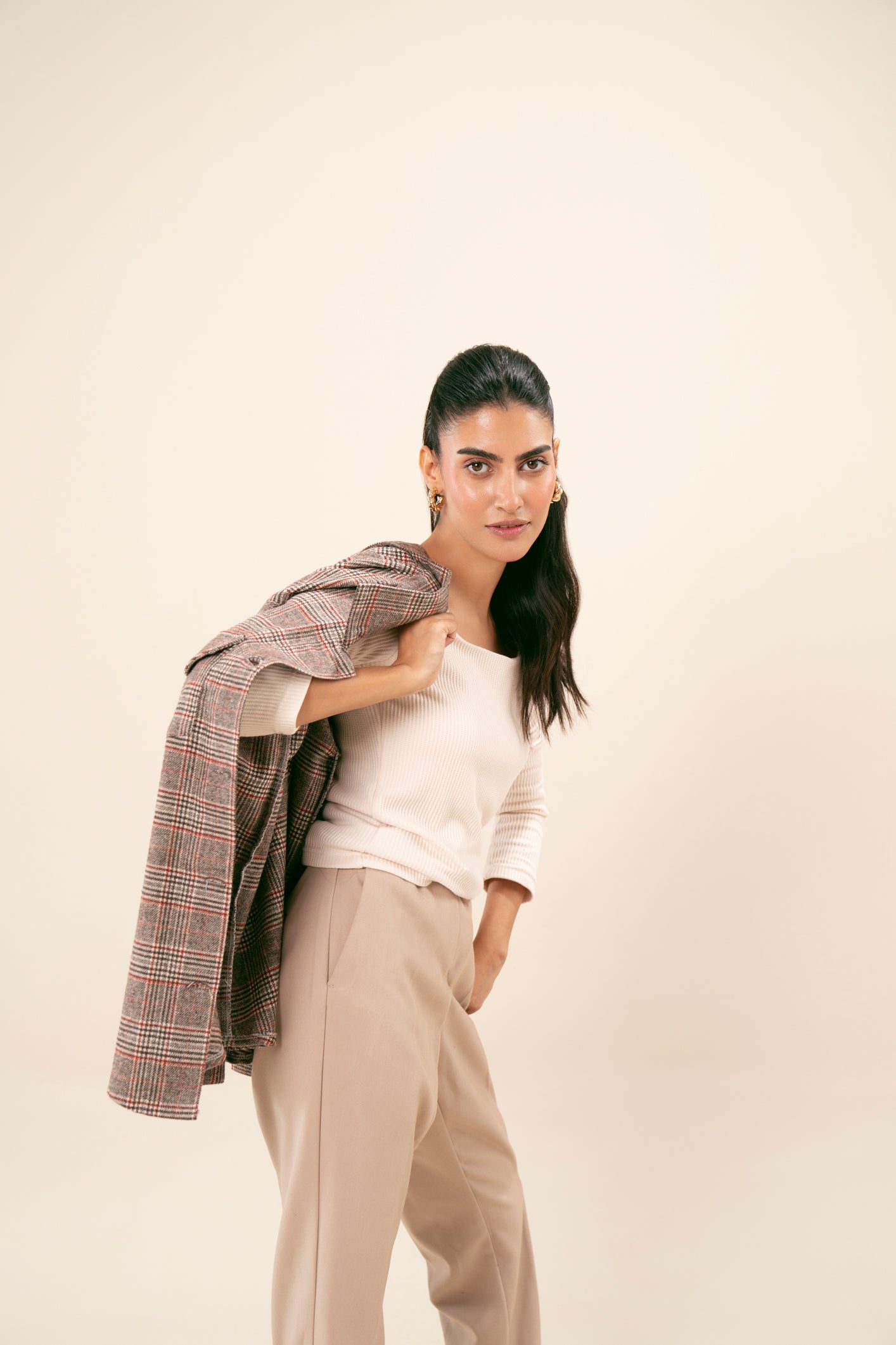 Beige Textured Check Wool Shacket