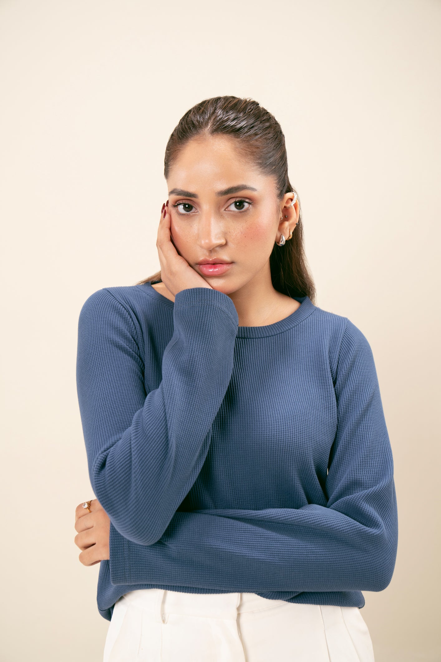 Waffle Textured Midnight Blue Cropped Crew Neck Sweater