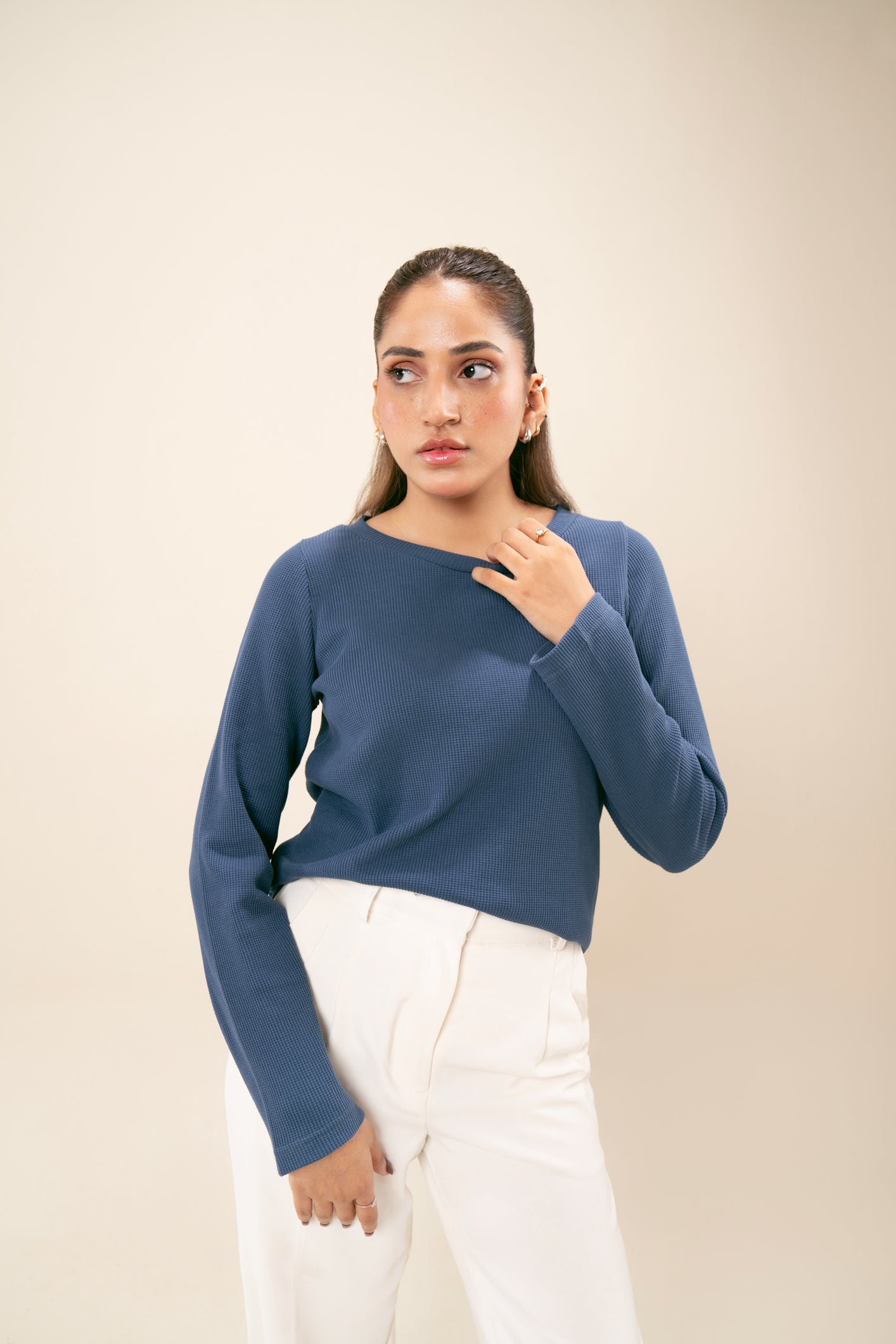 Waffle Textured Midnight Blue Cropped Crew Neck Sweater