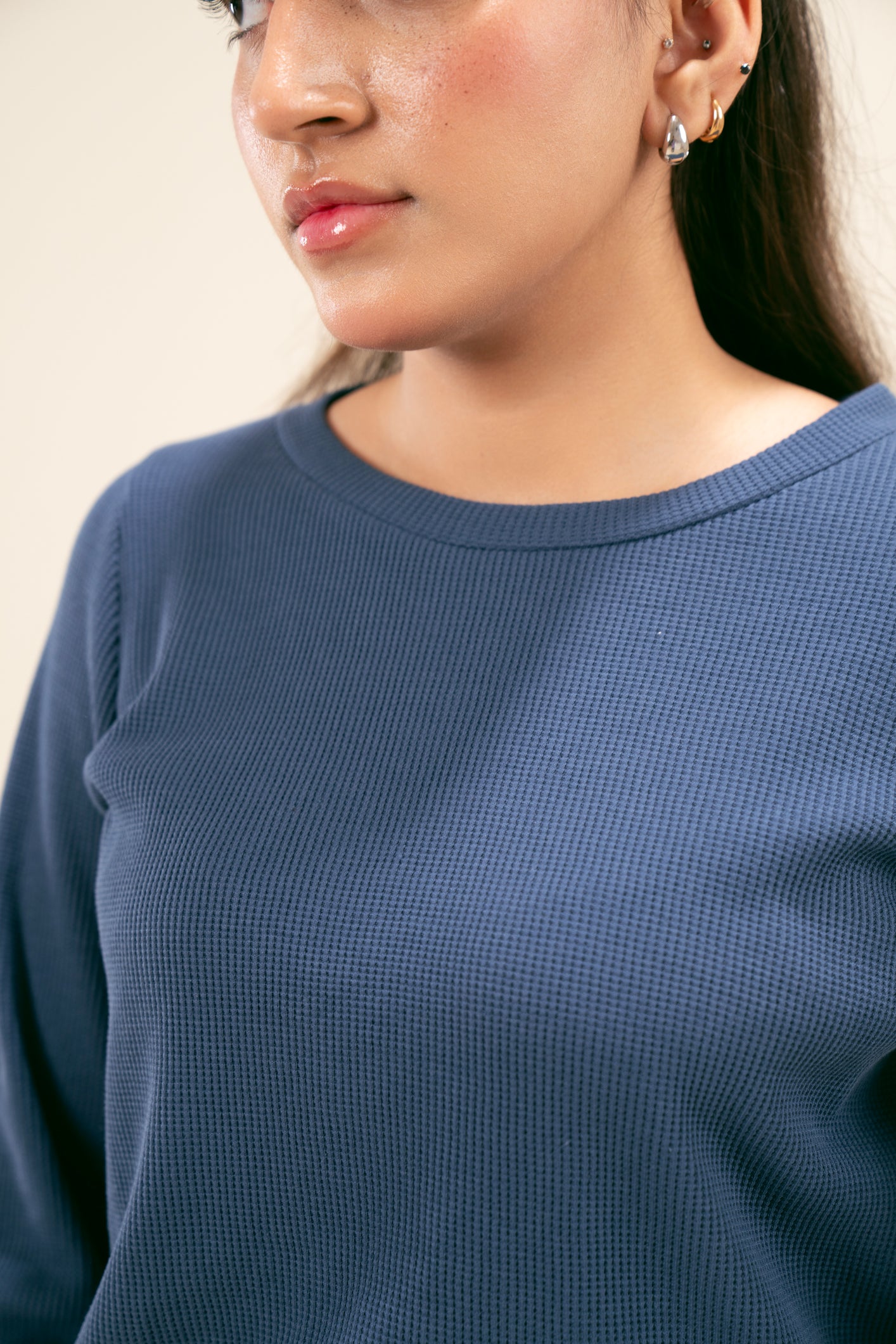 Waffle Textured Midnight Blue Cropped Crew Neck Sweater