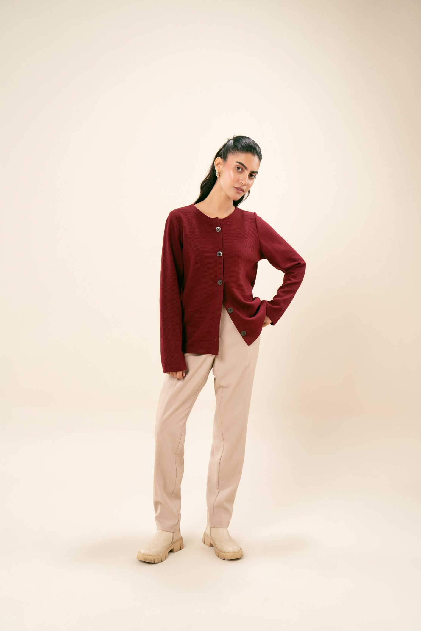 Red Drop Needle Round-Neck Sweater