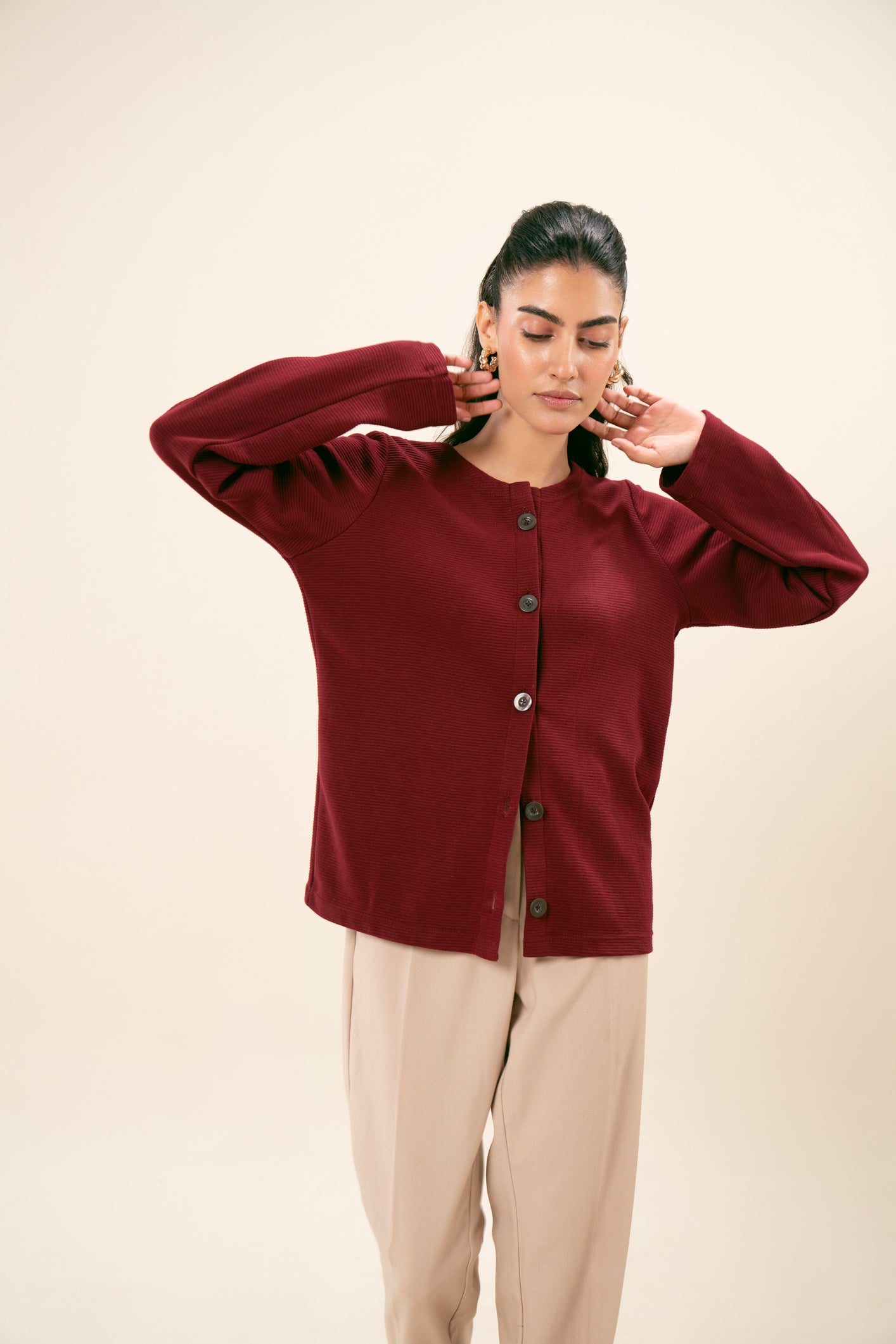 Red Drop Needle Round-Neck Sweater