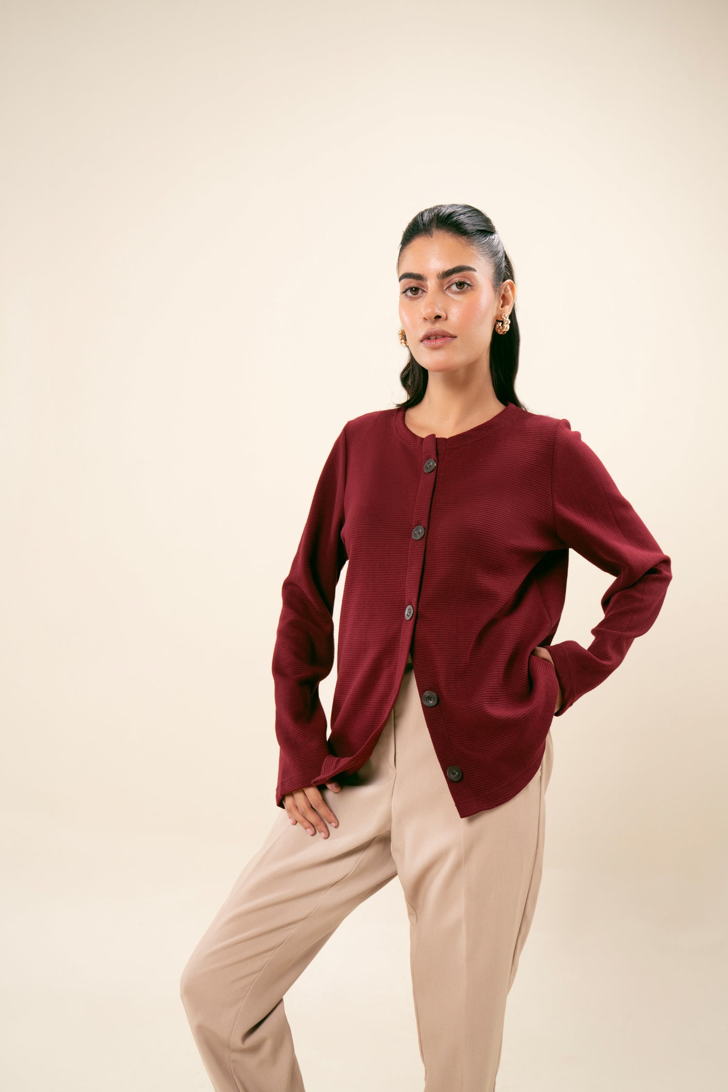 Red Drop Needle Round-Neck Sweater