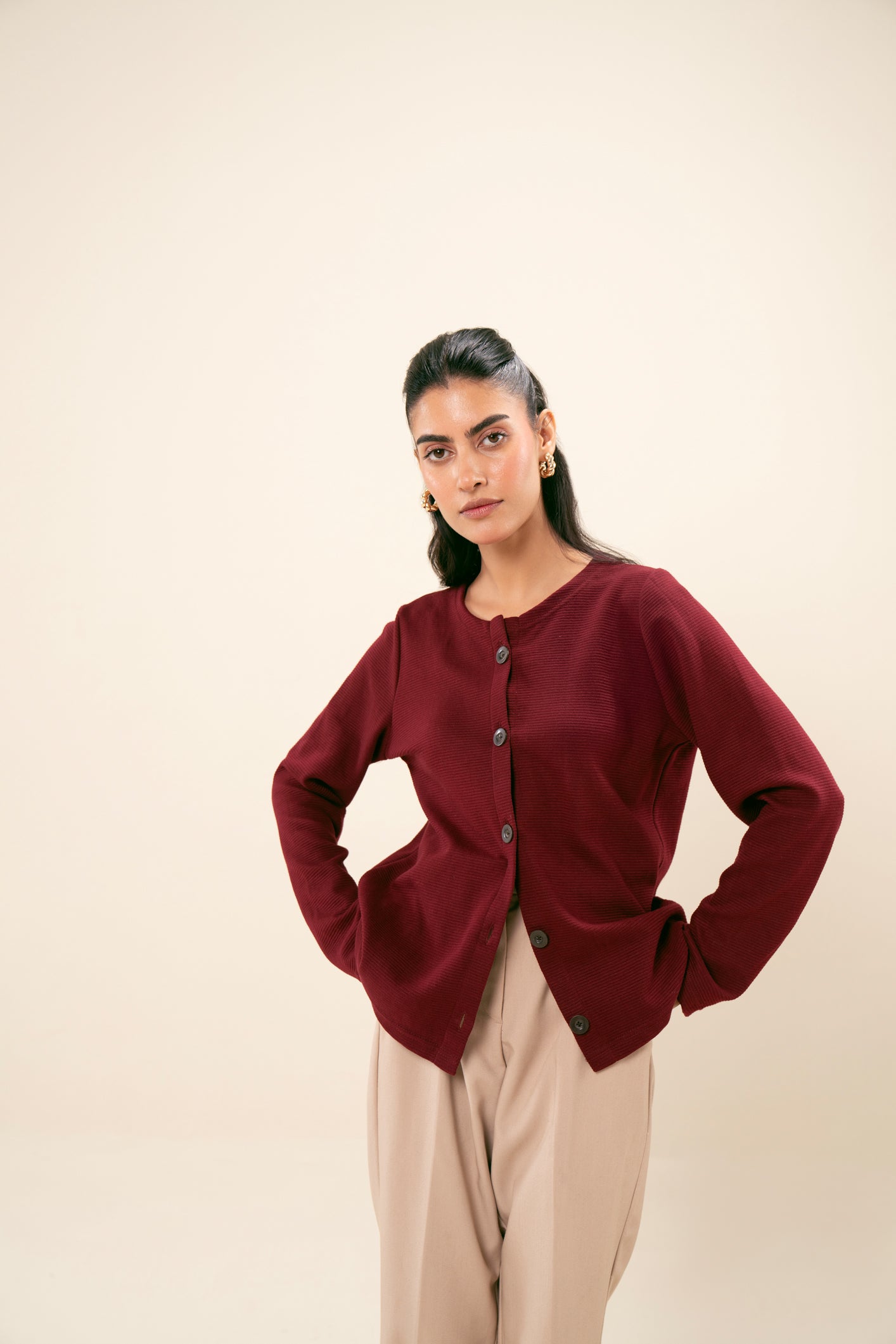 Red Drop Needle Round-Neck Sweater