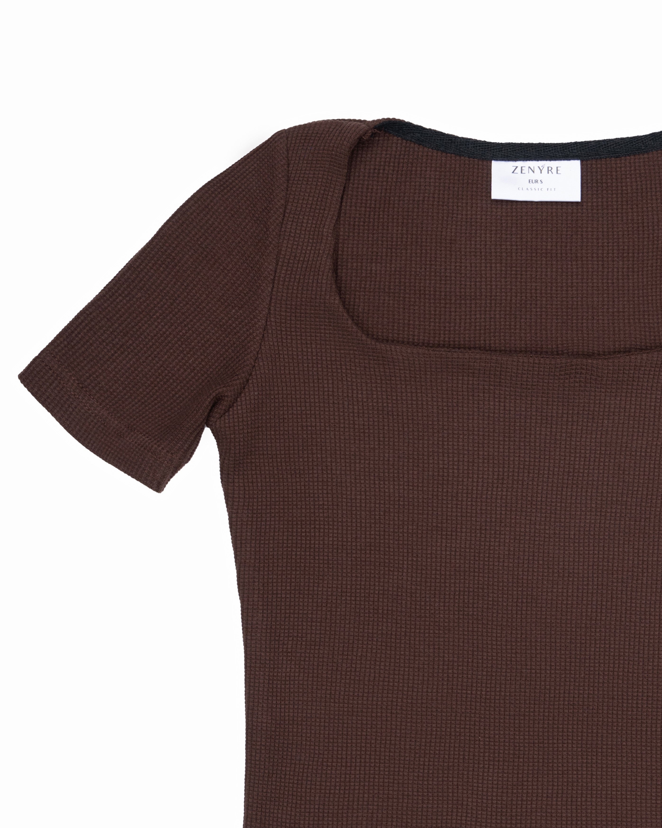 Chocolate Brown Waffle Textured Square Neck Top