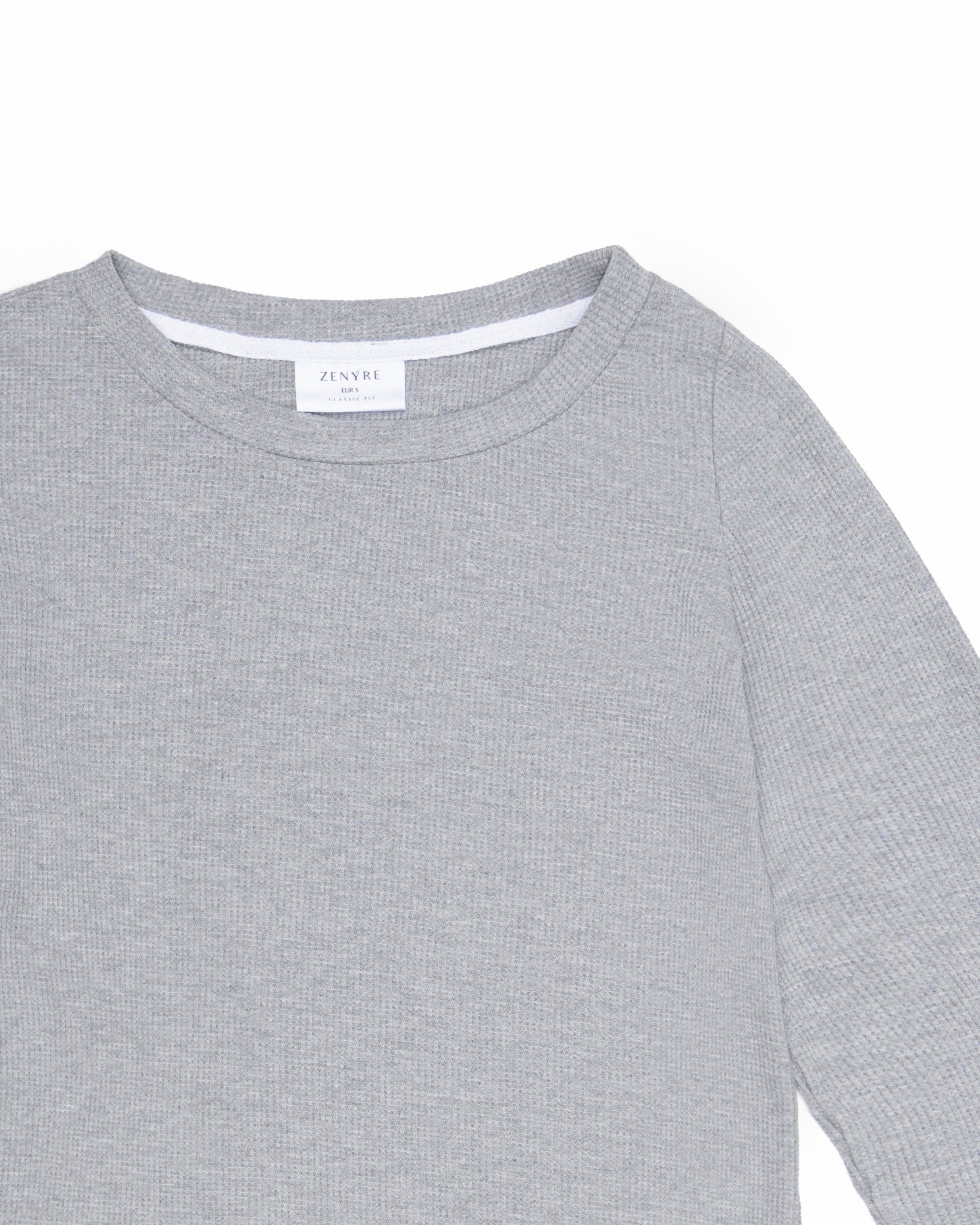 Waffle Textured Grey Cropped Crew Neck Sweater