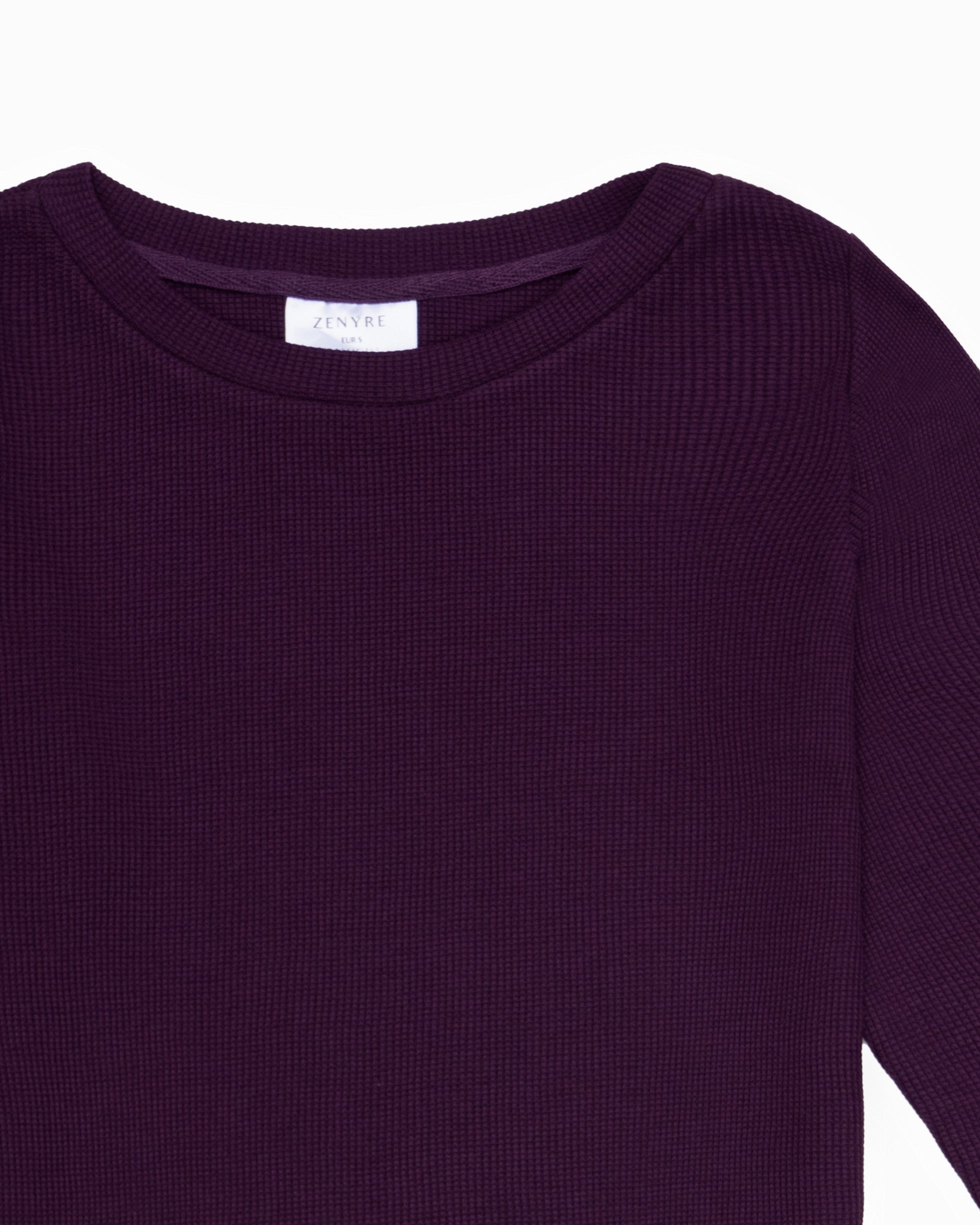 Waffle Textured Burgundy Cropped Crew Neck Sweater