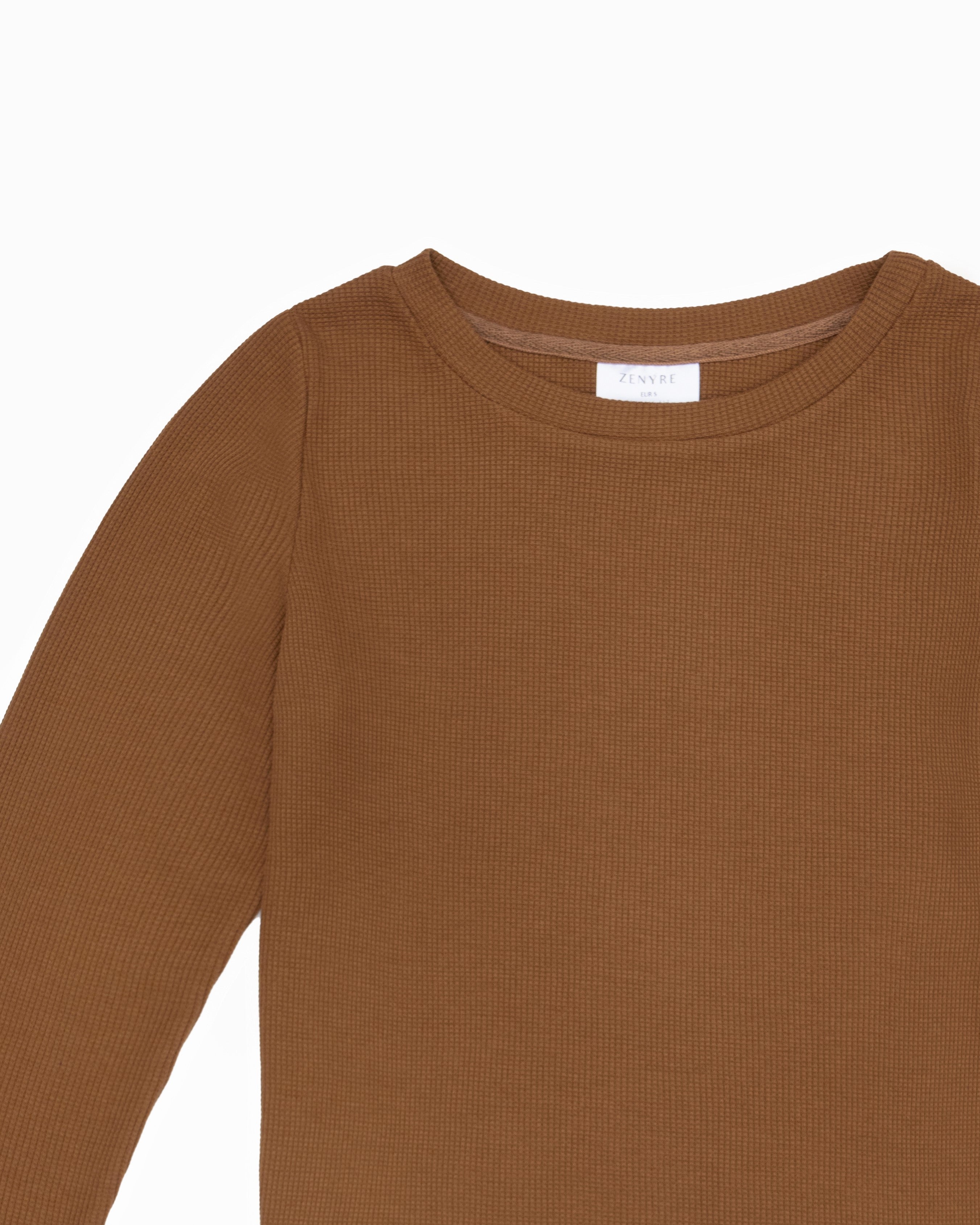 Waffle Textured Camel Cropped Crew Neck Sweater