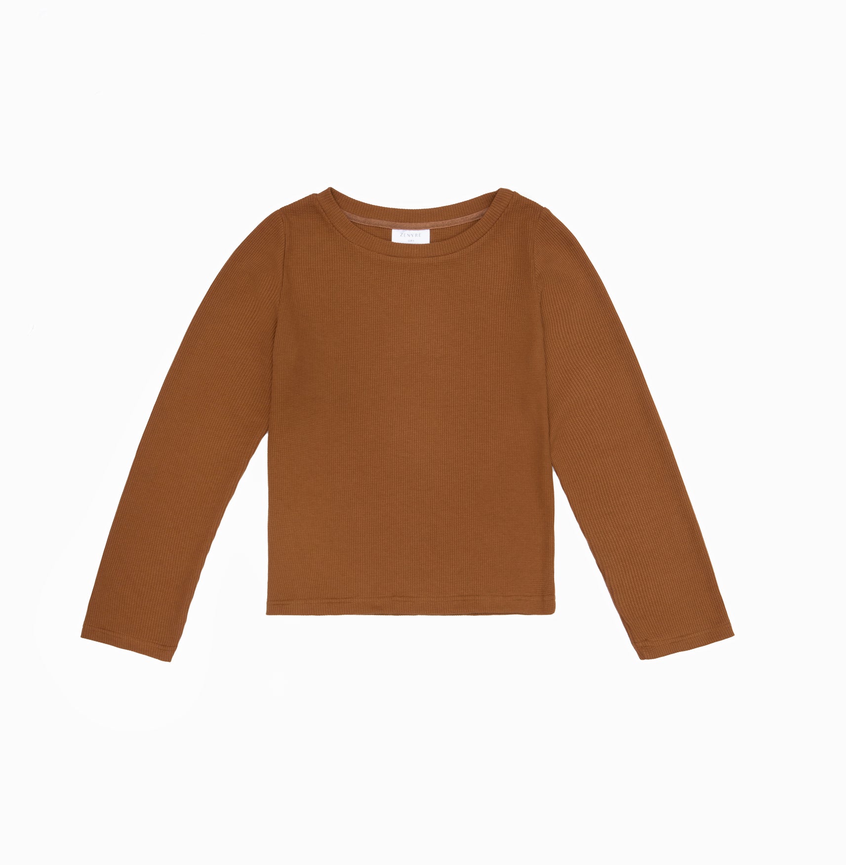 Waffle Textured Camel Cropped Crew Neck Sweater