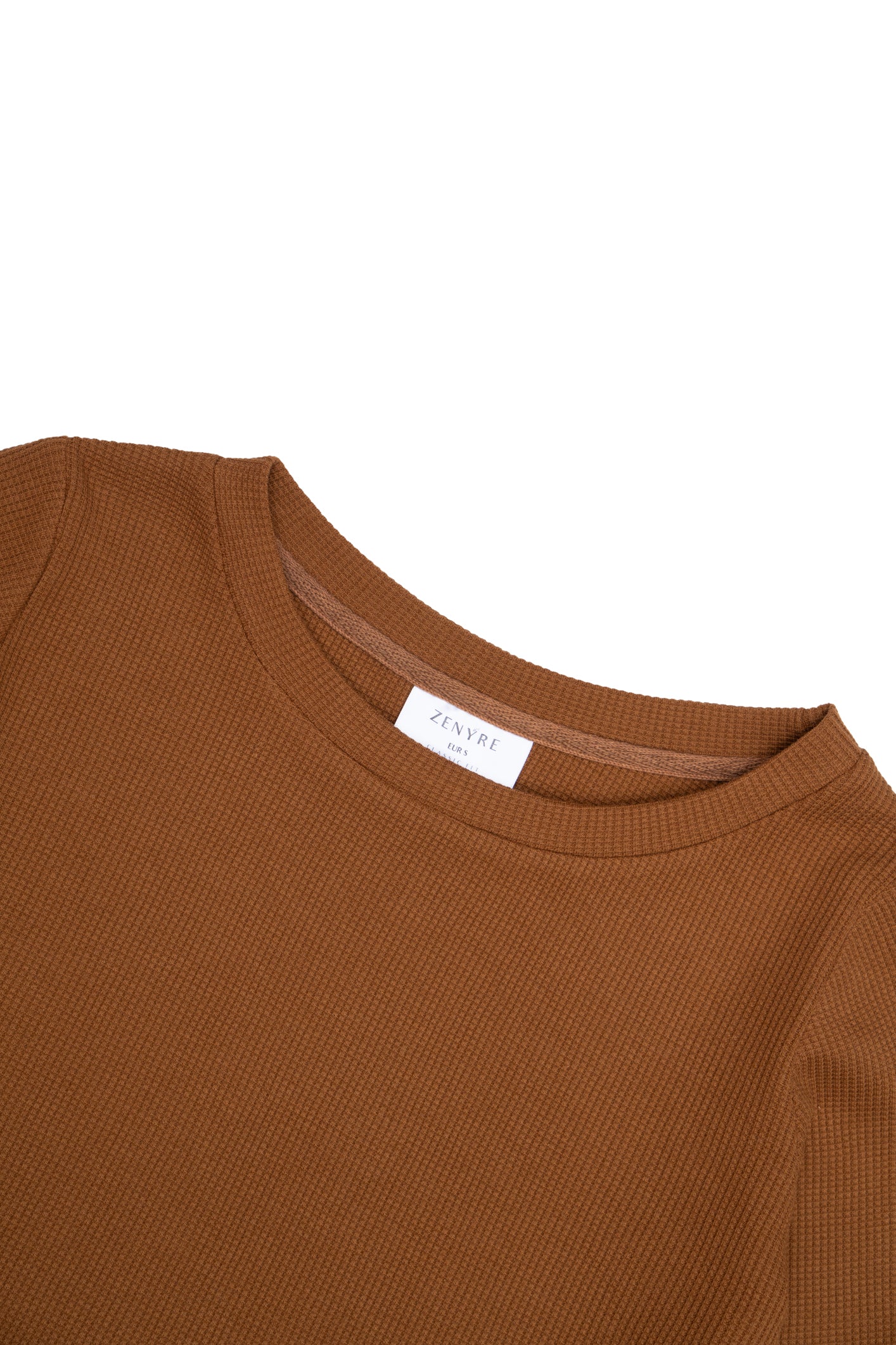 Waffle Textured Camel Cropped Crew Neck Sweater