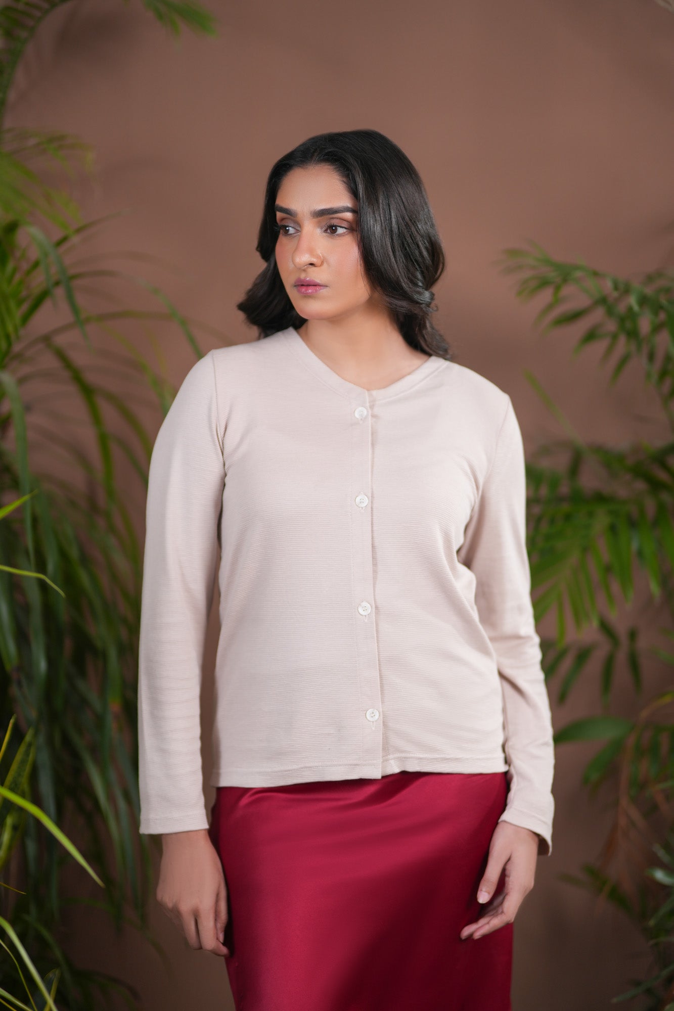 Light Peach Ribbed Thermal V-Neck Cardigan