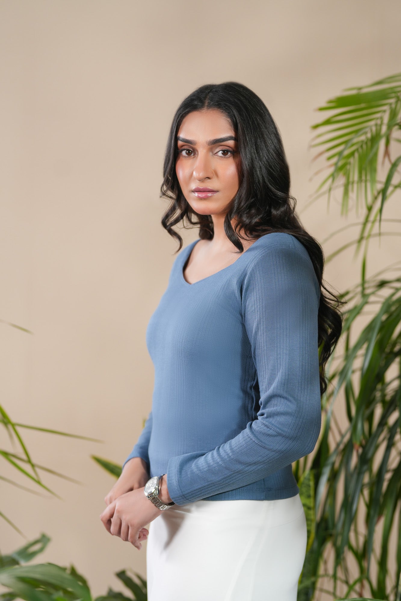 Steel Blue Drop Needle Diamond Neck Top