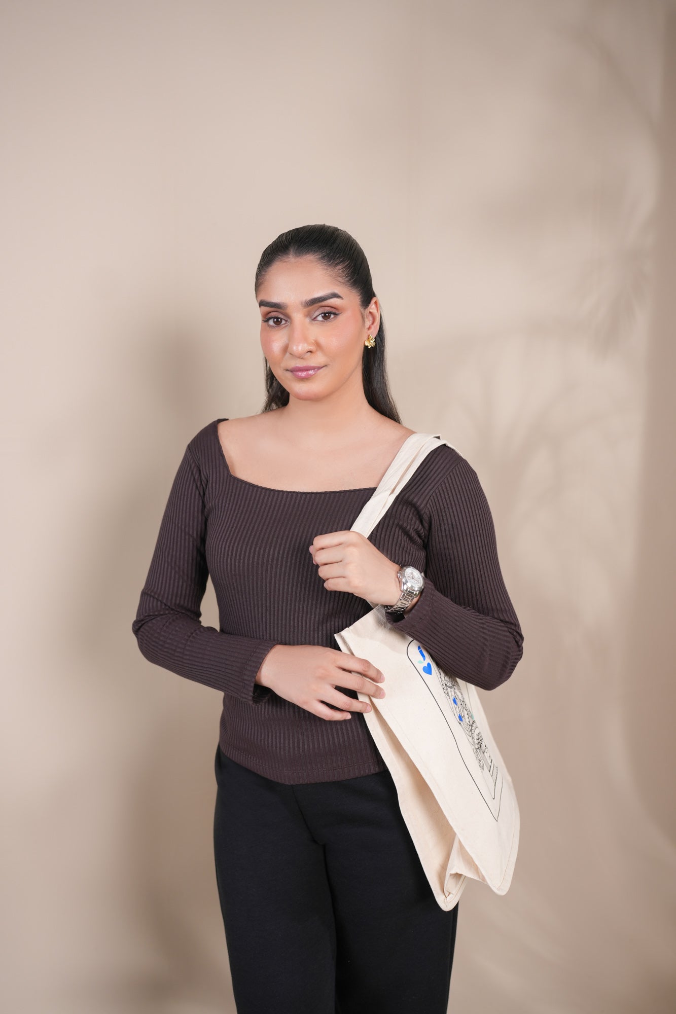 Brown Drop Needle Square Neck Top