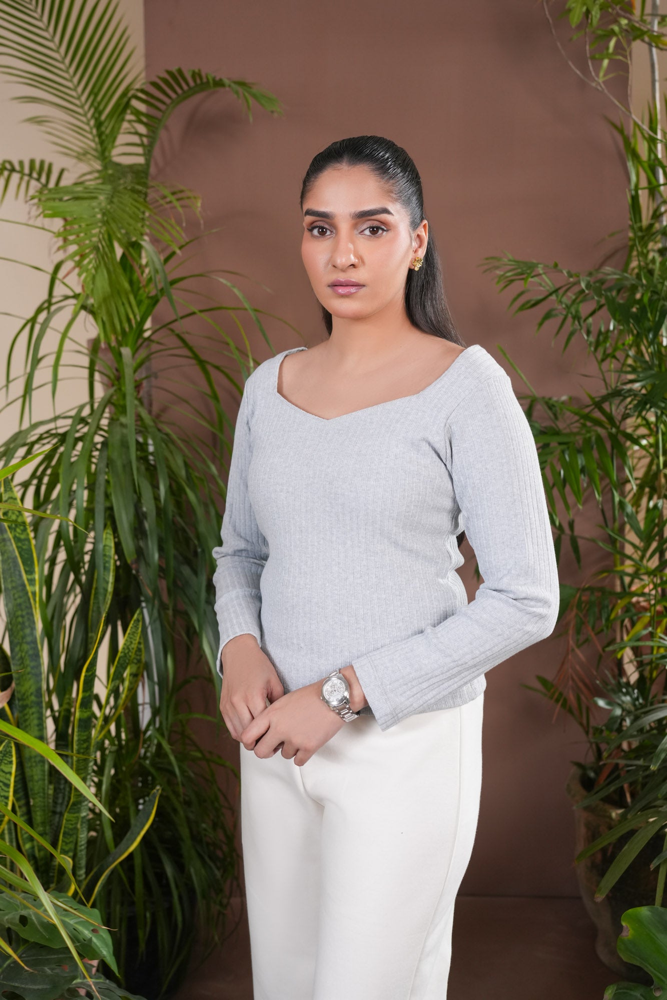 Grey Drop Needle Diamond Neck Top