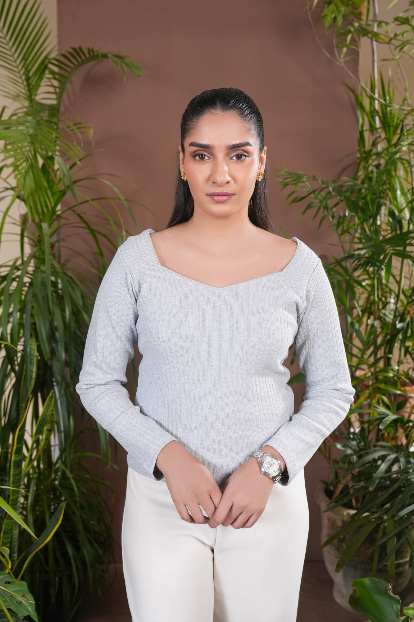 Grey Drop Needle Diamond Neck Top