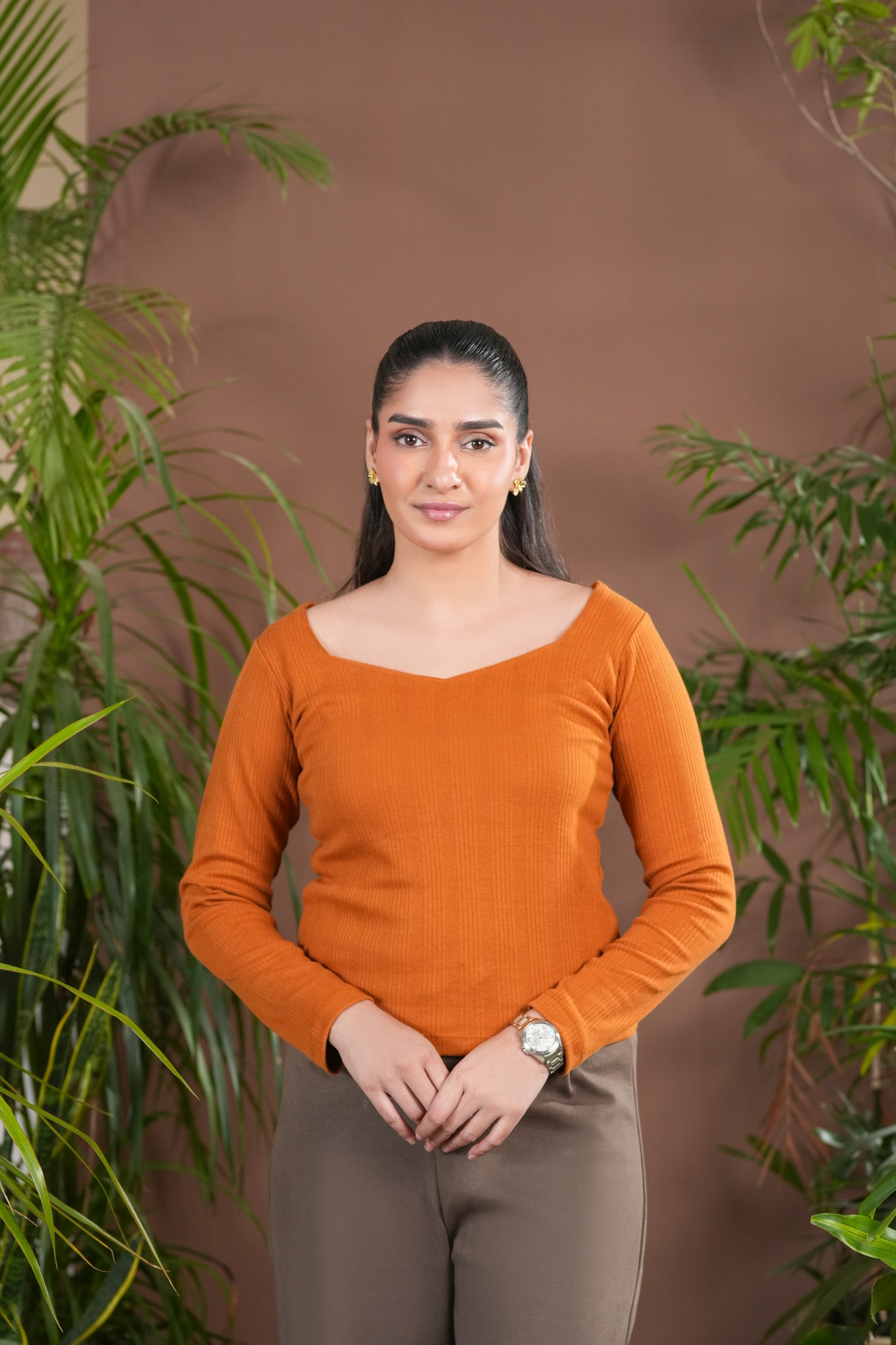 Orange Rust Drop Needle Diamond Neck Top