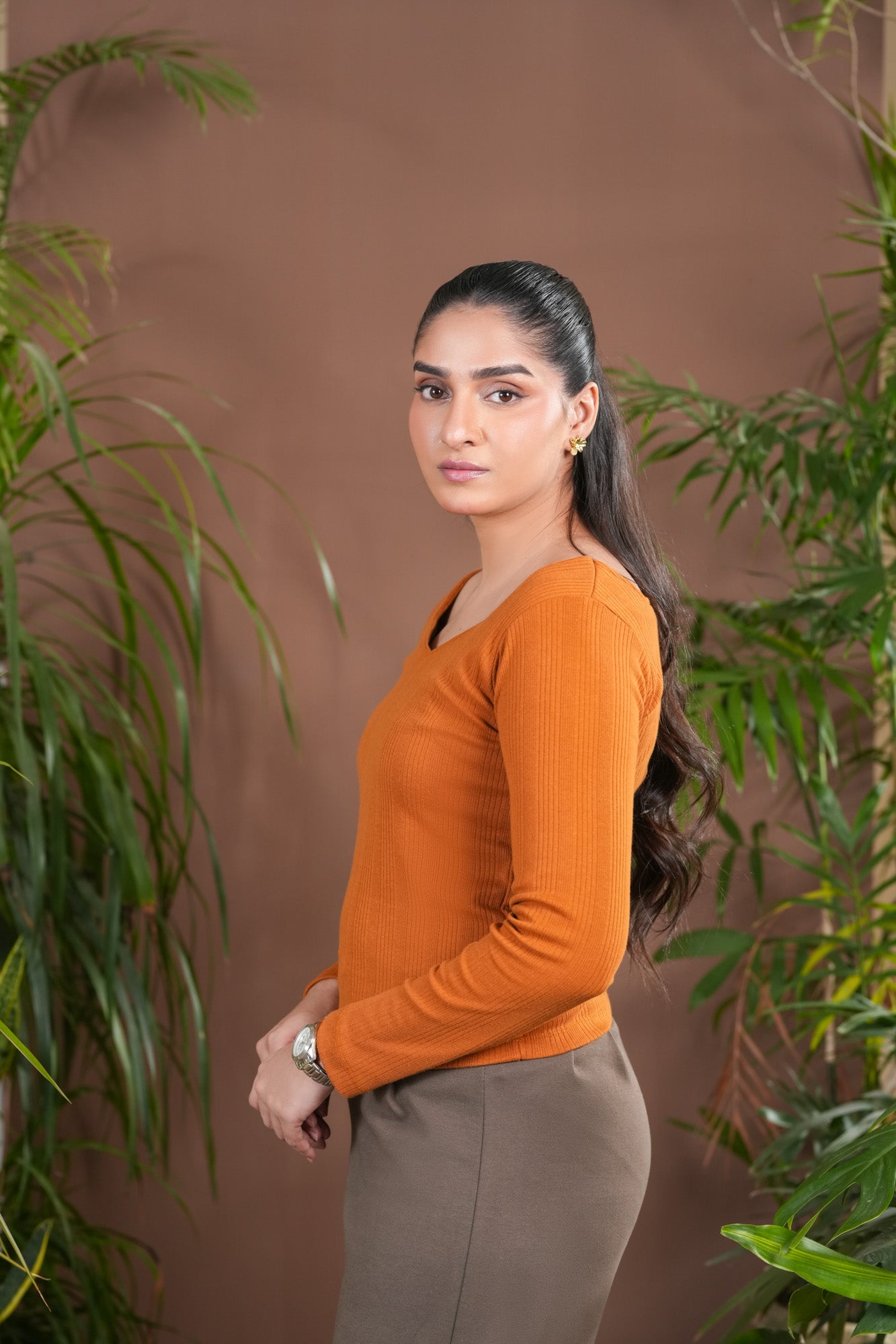 Orange Rust Drop Needle Diamond Neck Top