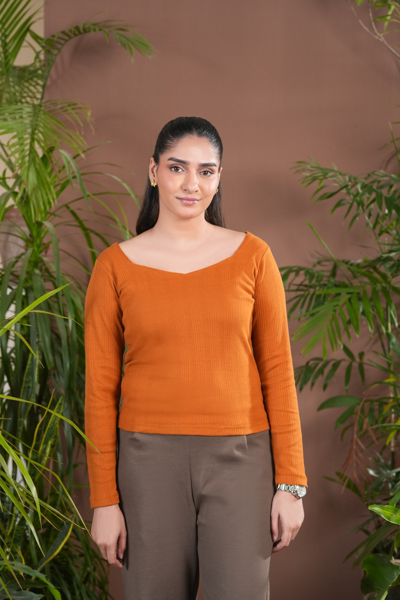 Orange Rust Drop Needle Diamond Neck Top