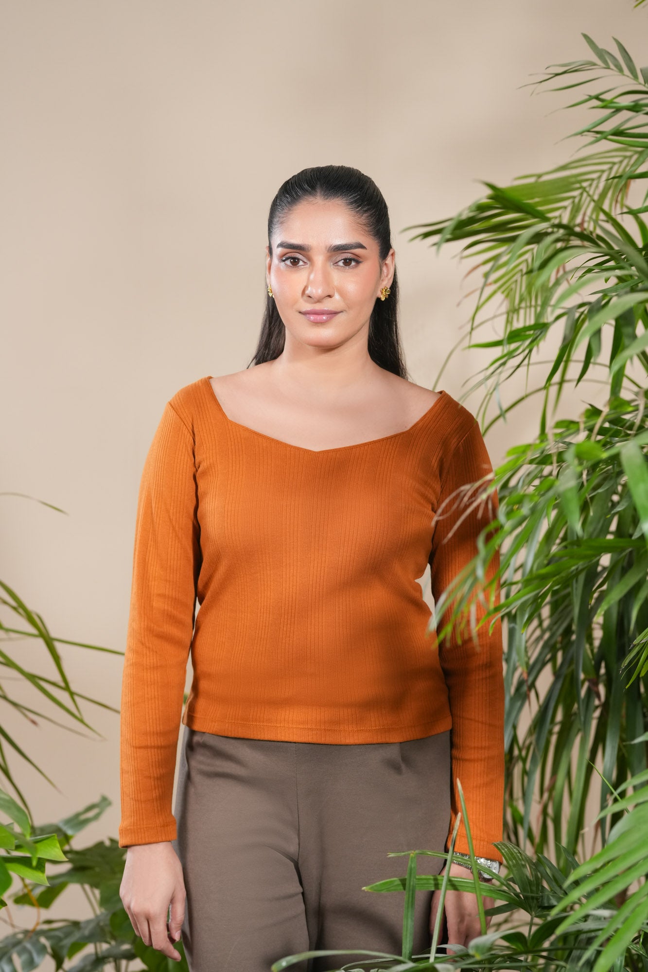 Orange Rust Drop Needle Diamond Neck Top