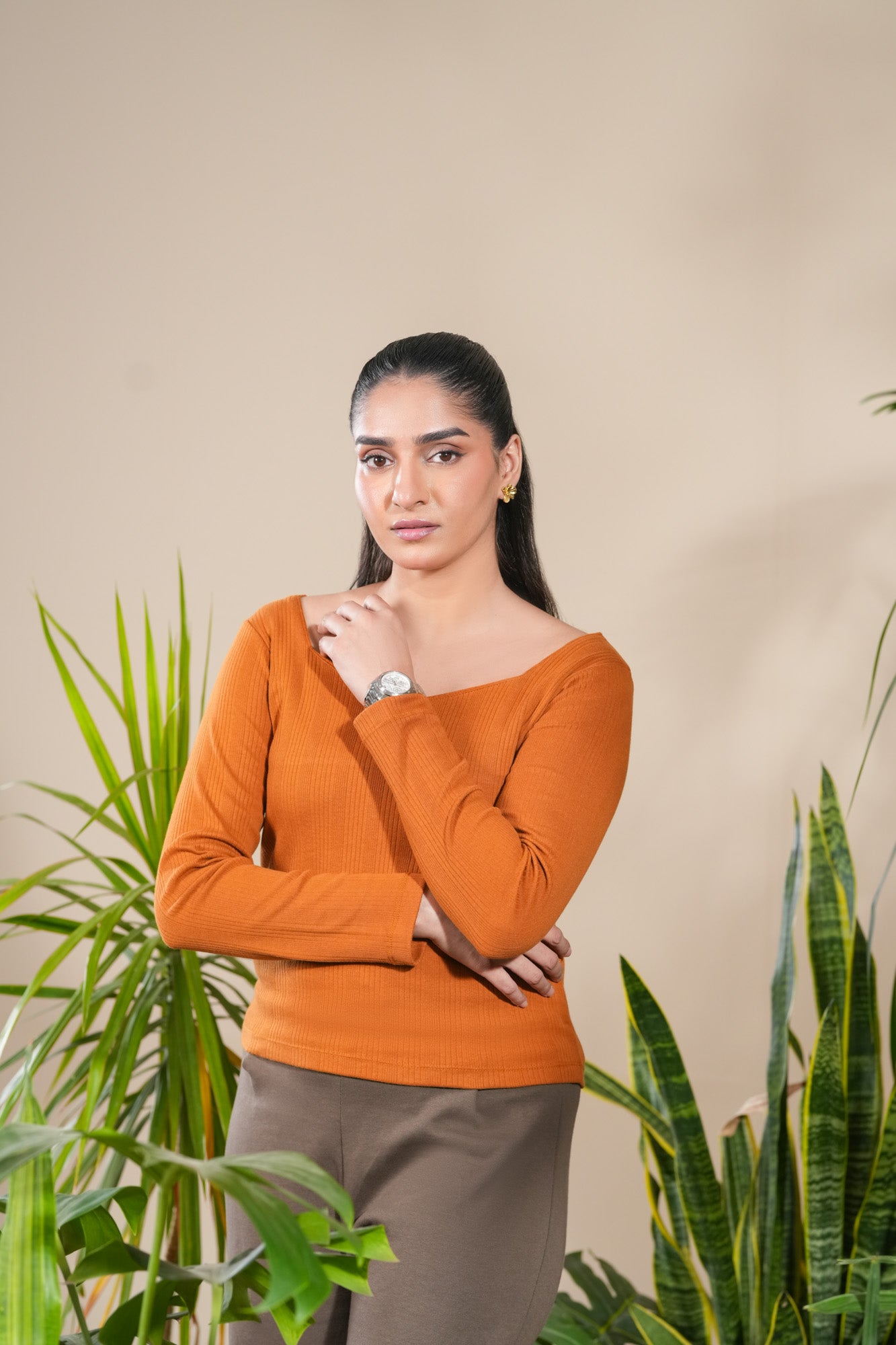 Orange Rust Drop Needle Diamond Neck Top