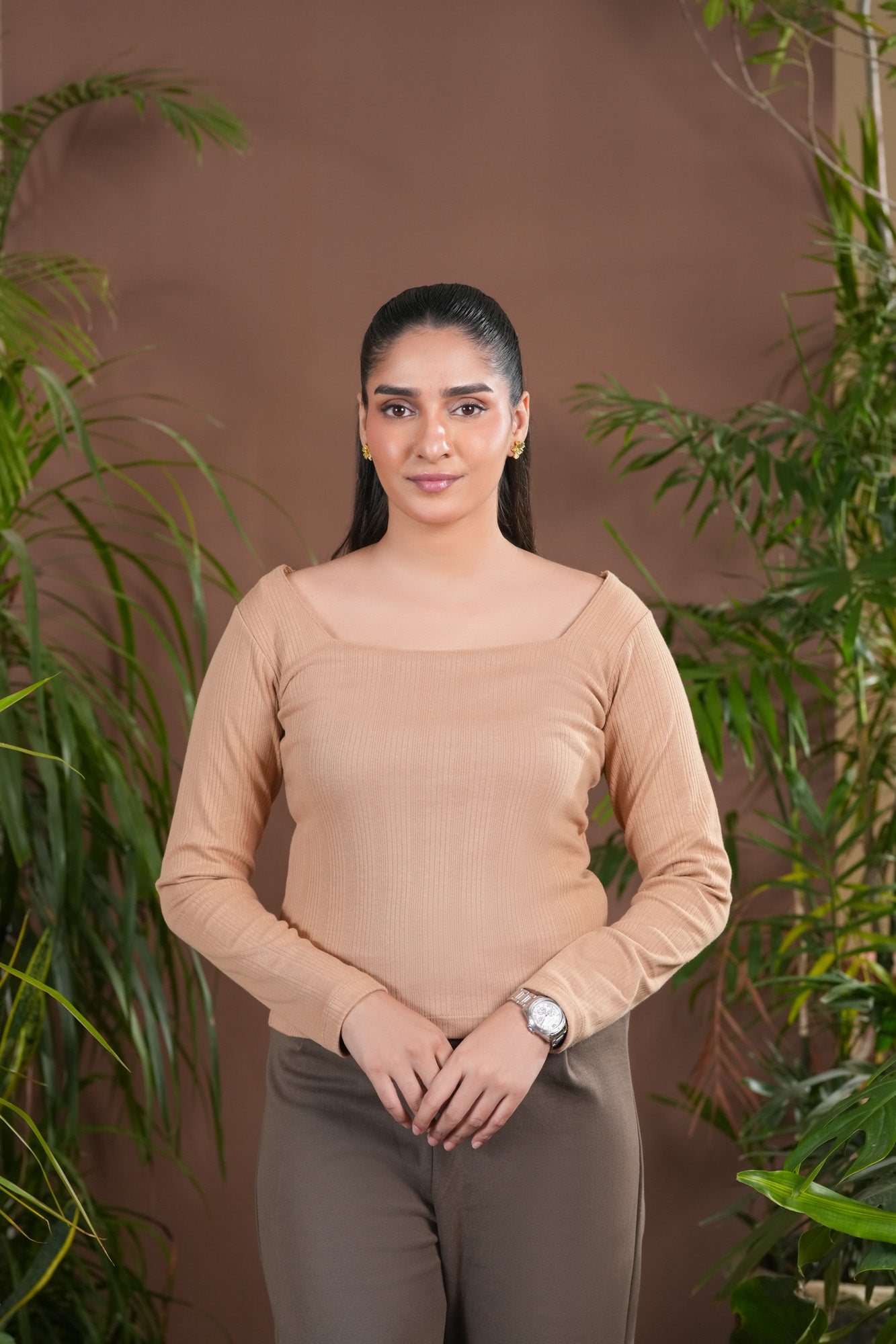 Beige Drop Needle Square Neck Top