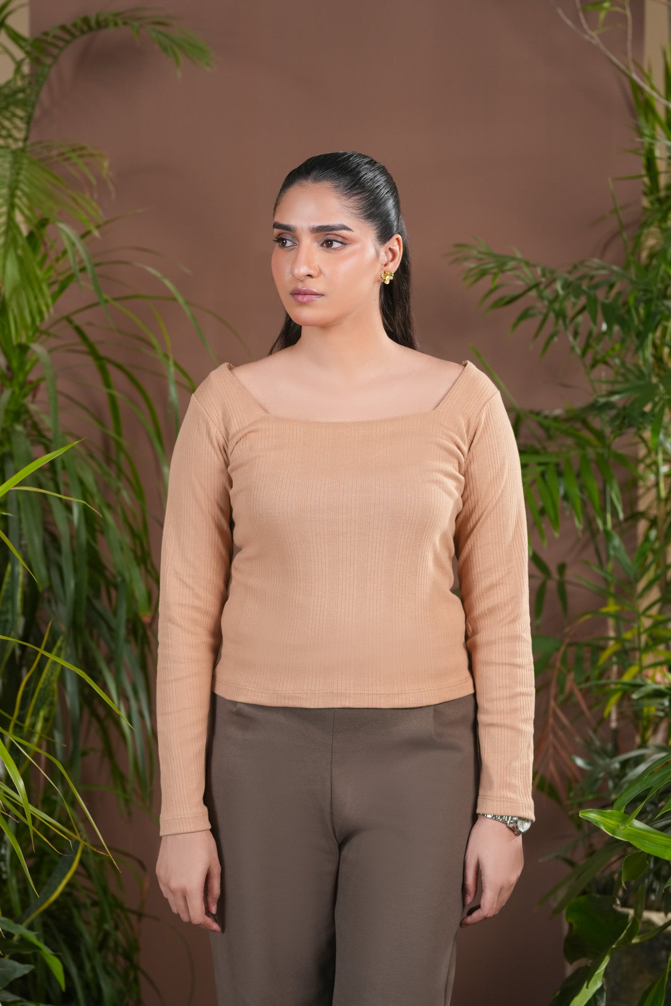 Beige Drop Needle Square Neck Top