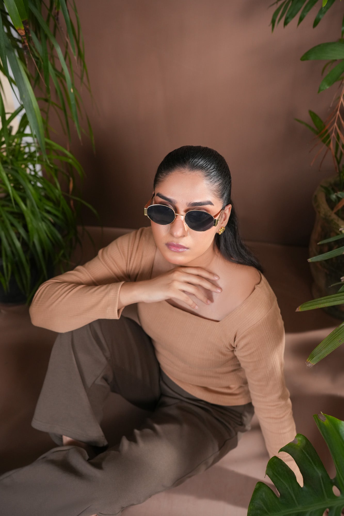 Beige Drop Needle Square Neck Top