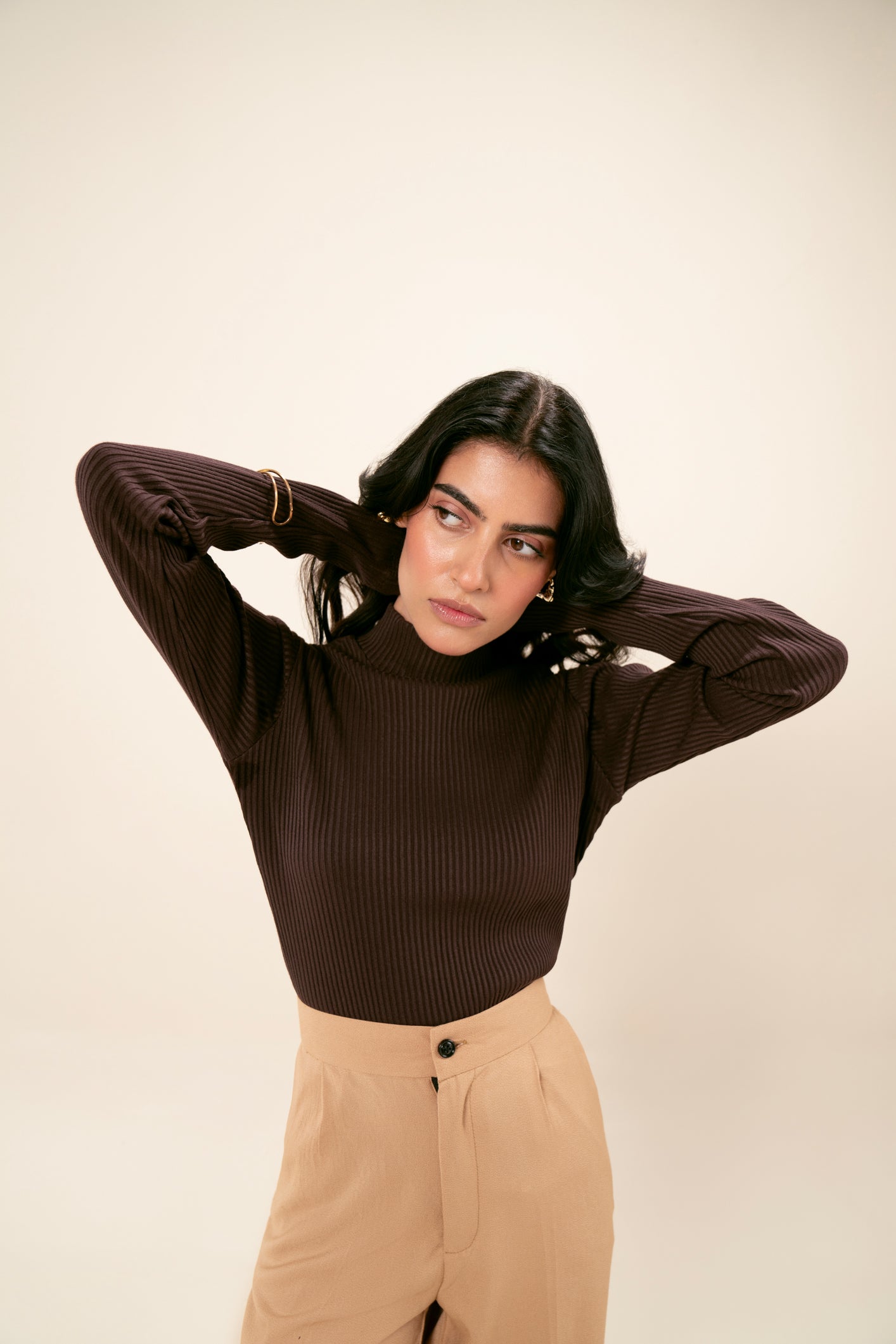 Ribbed Brown Two-Toned Mock Neck Top