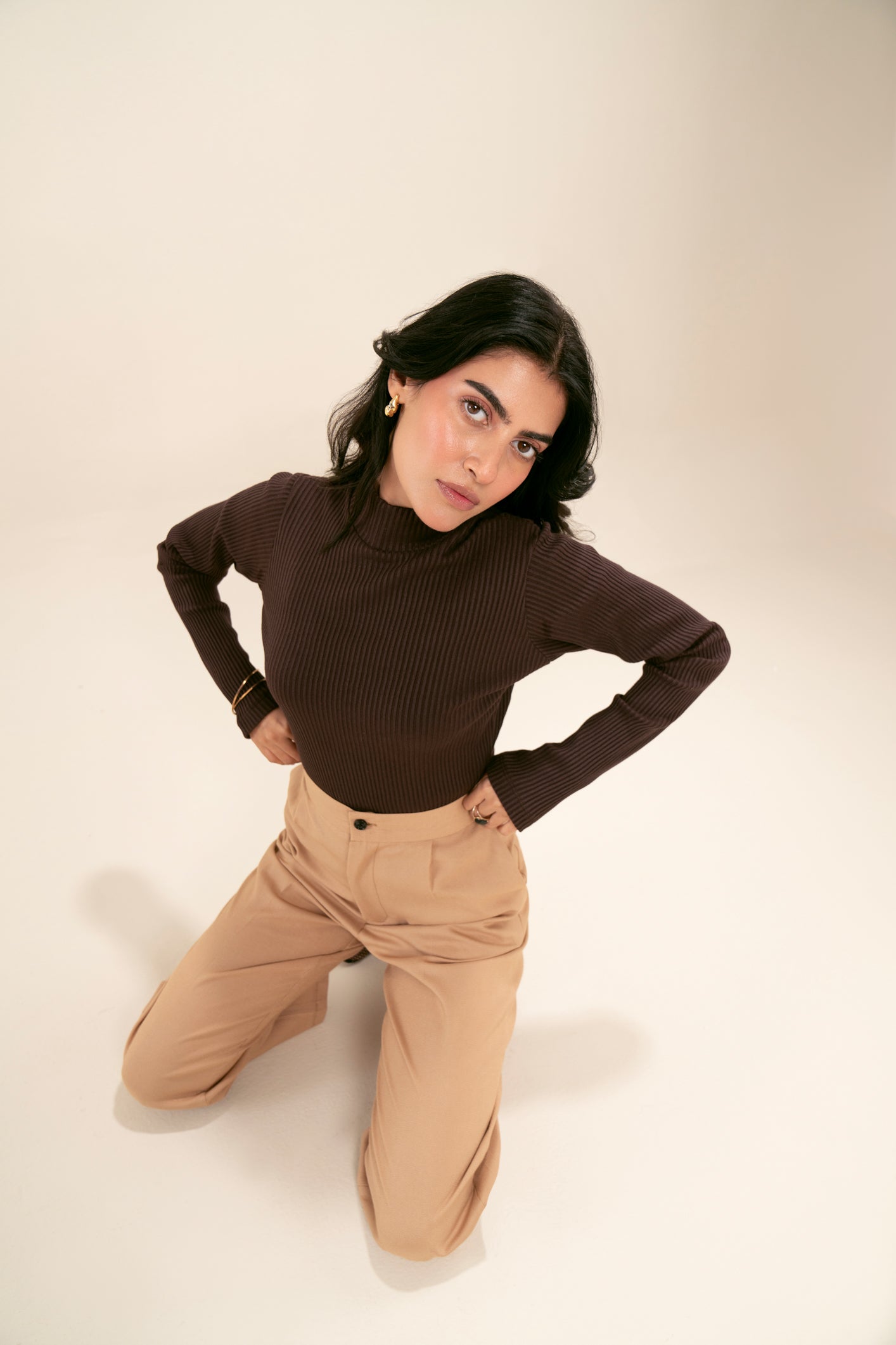 Ribbed Brown Two-Toned Mock Neck Top