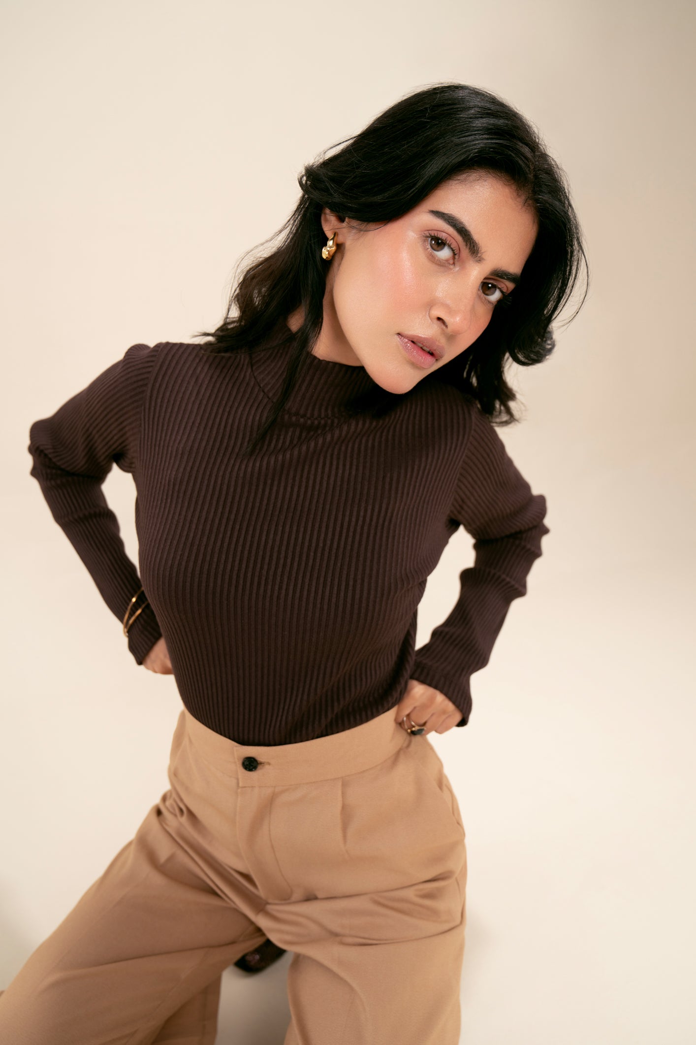 Ribbed Brown Two-Toned Mock Neck Top