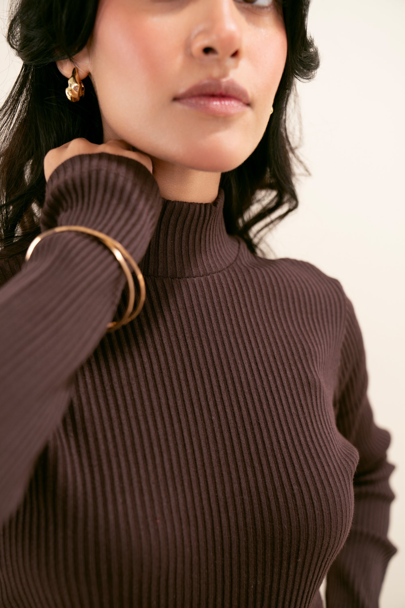 Ribbed Brown Two-Toned Mock Neck Top