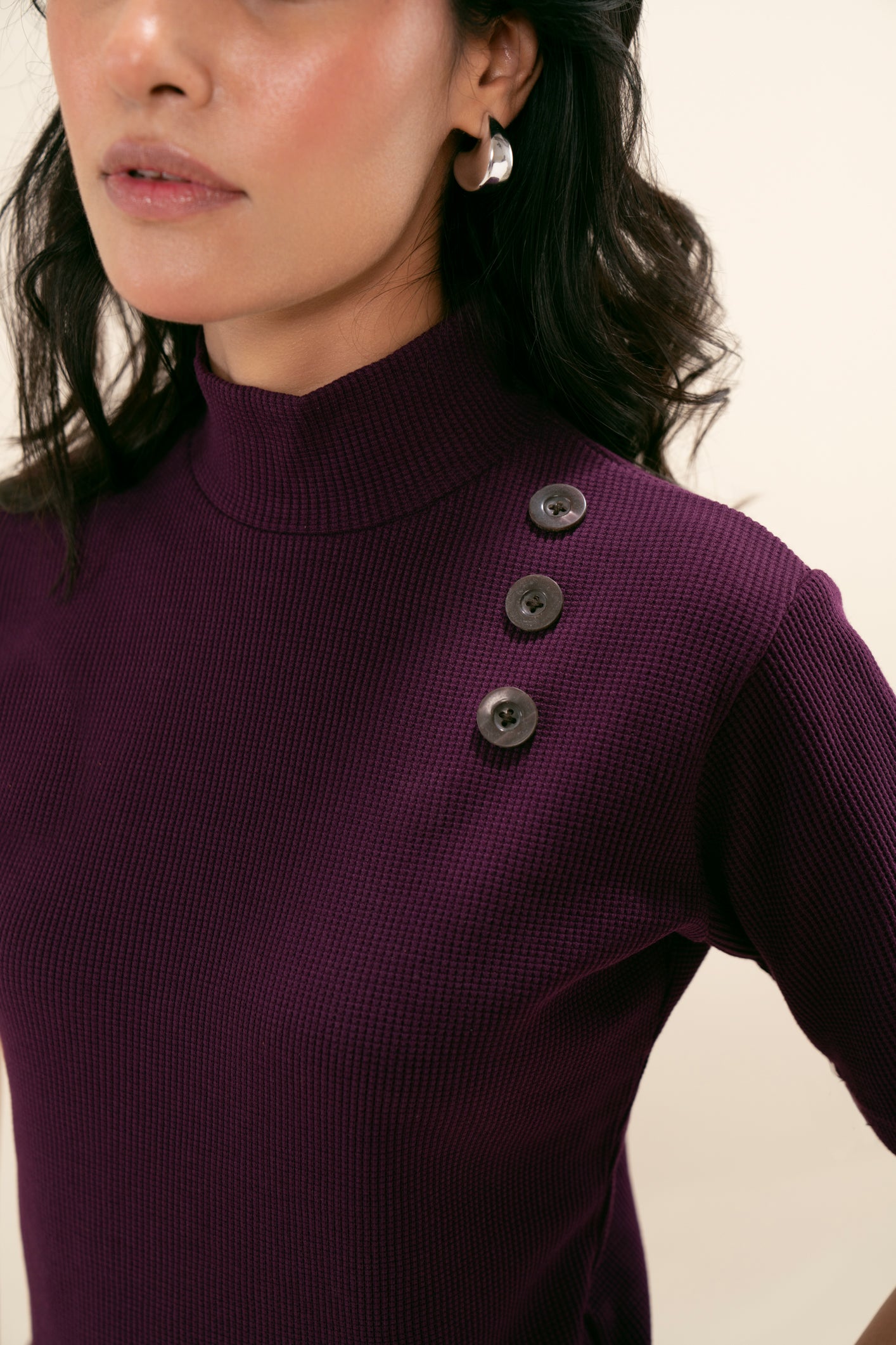 Waffle Textured Burgundy Mock Neck Top