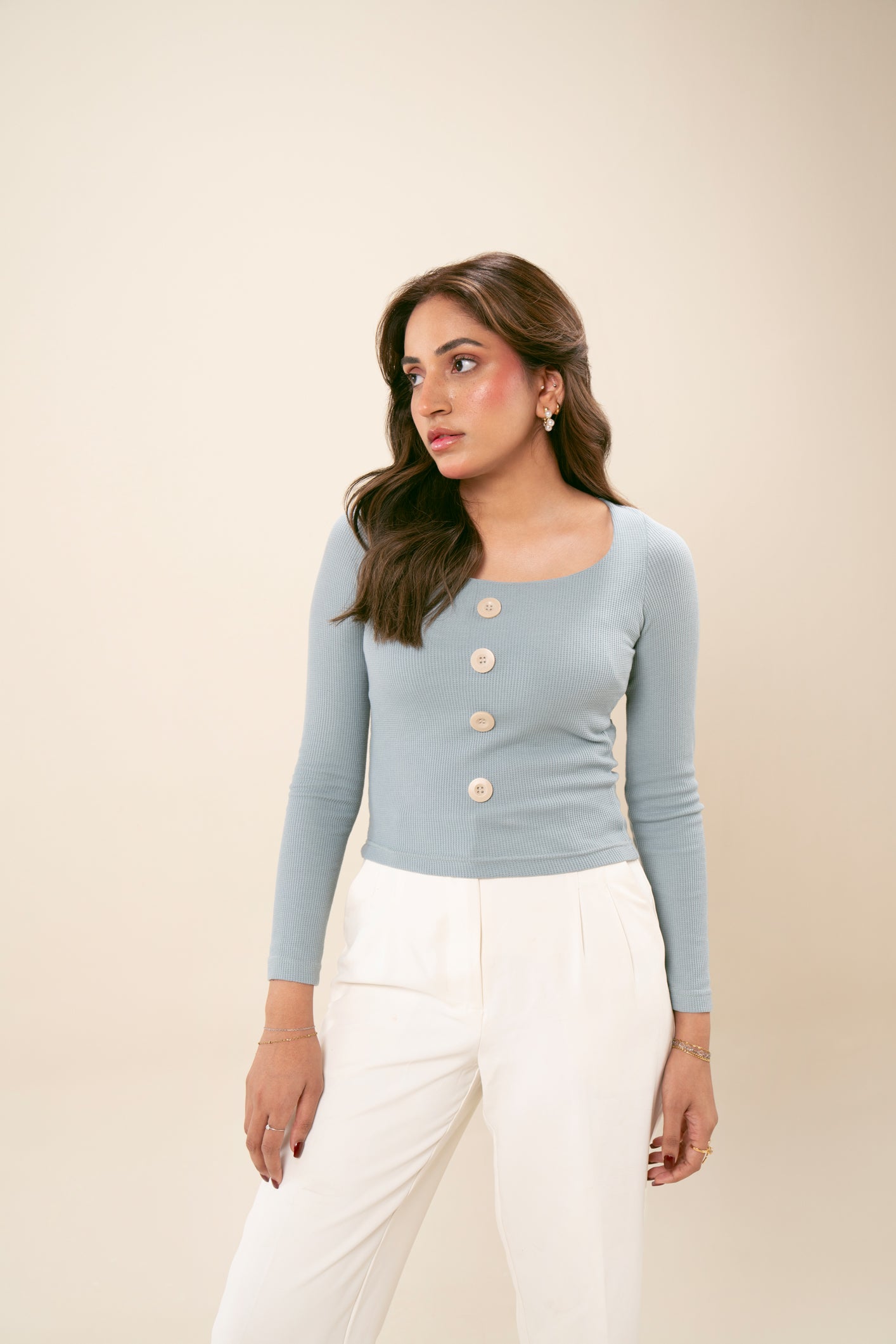 Sapphire Blue Waffle Textured Square Neck Top