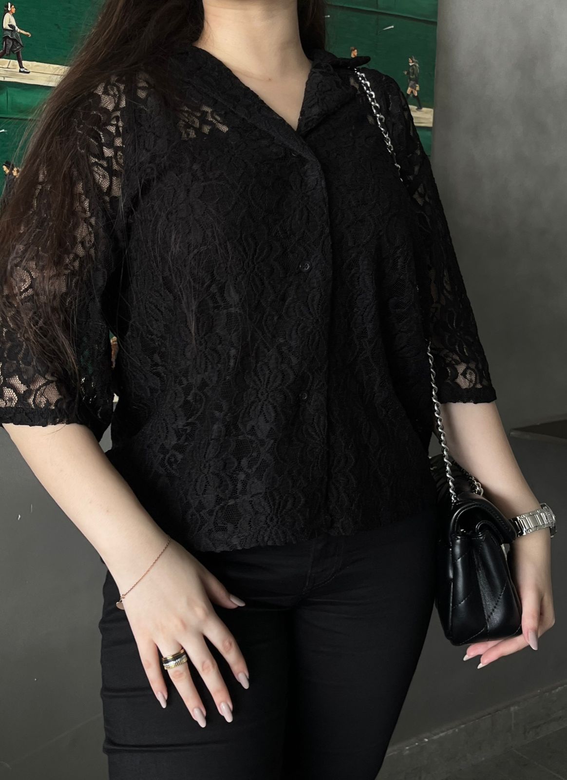 Black Net Boxy Button Down