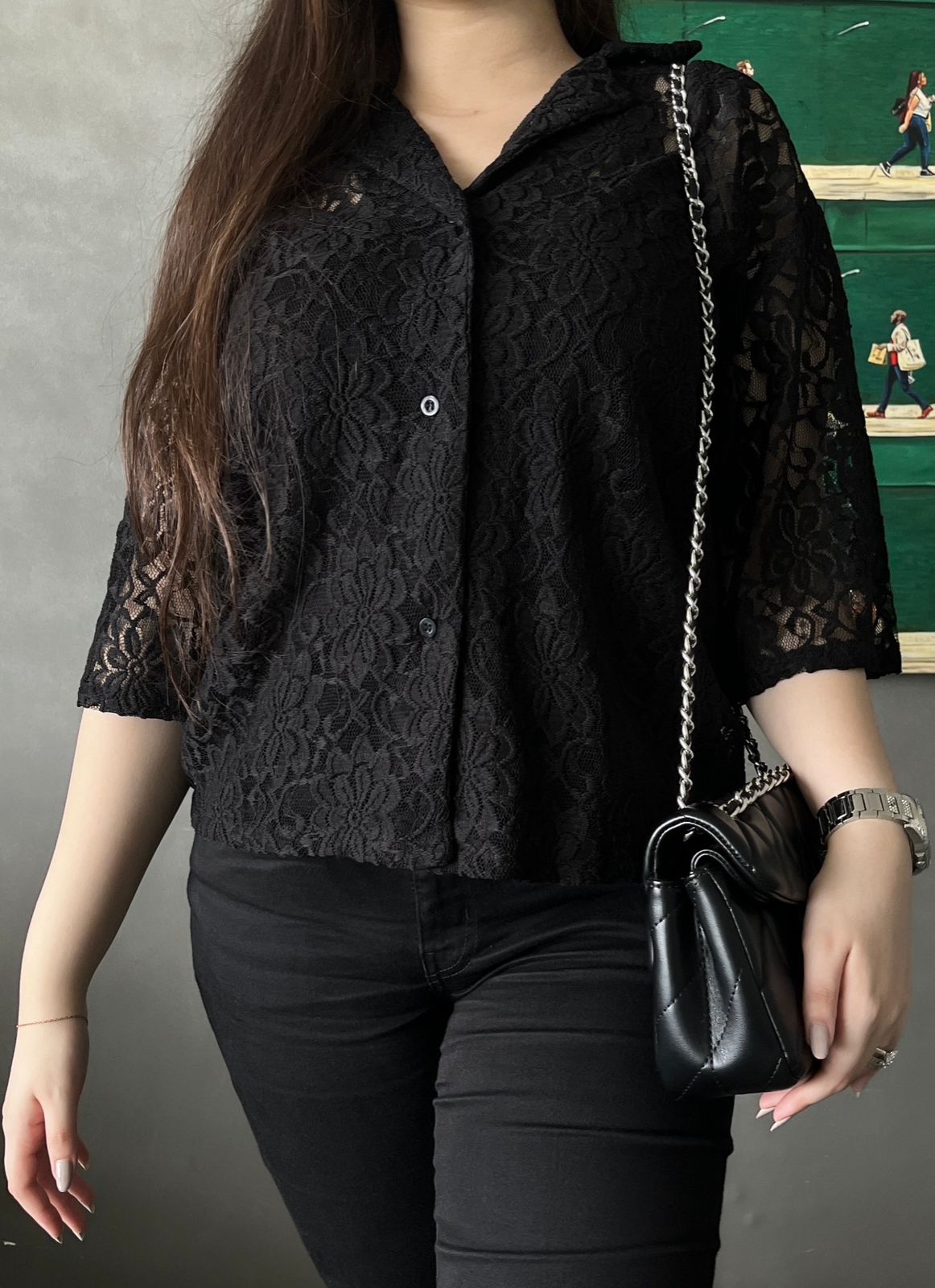 Black Net Boxy Button Down